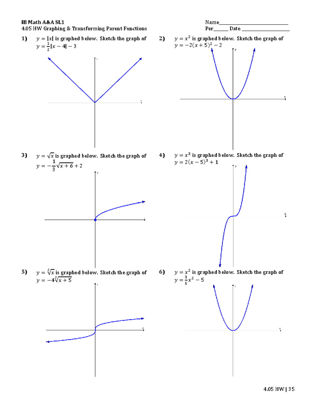 IB Math SL1 4.05 HW: Graphing & Transforming Parent Functions - Studocu
