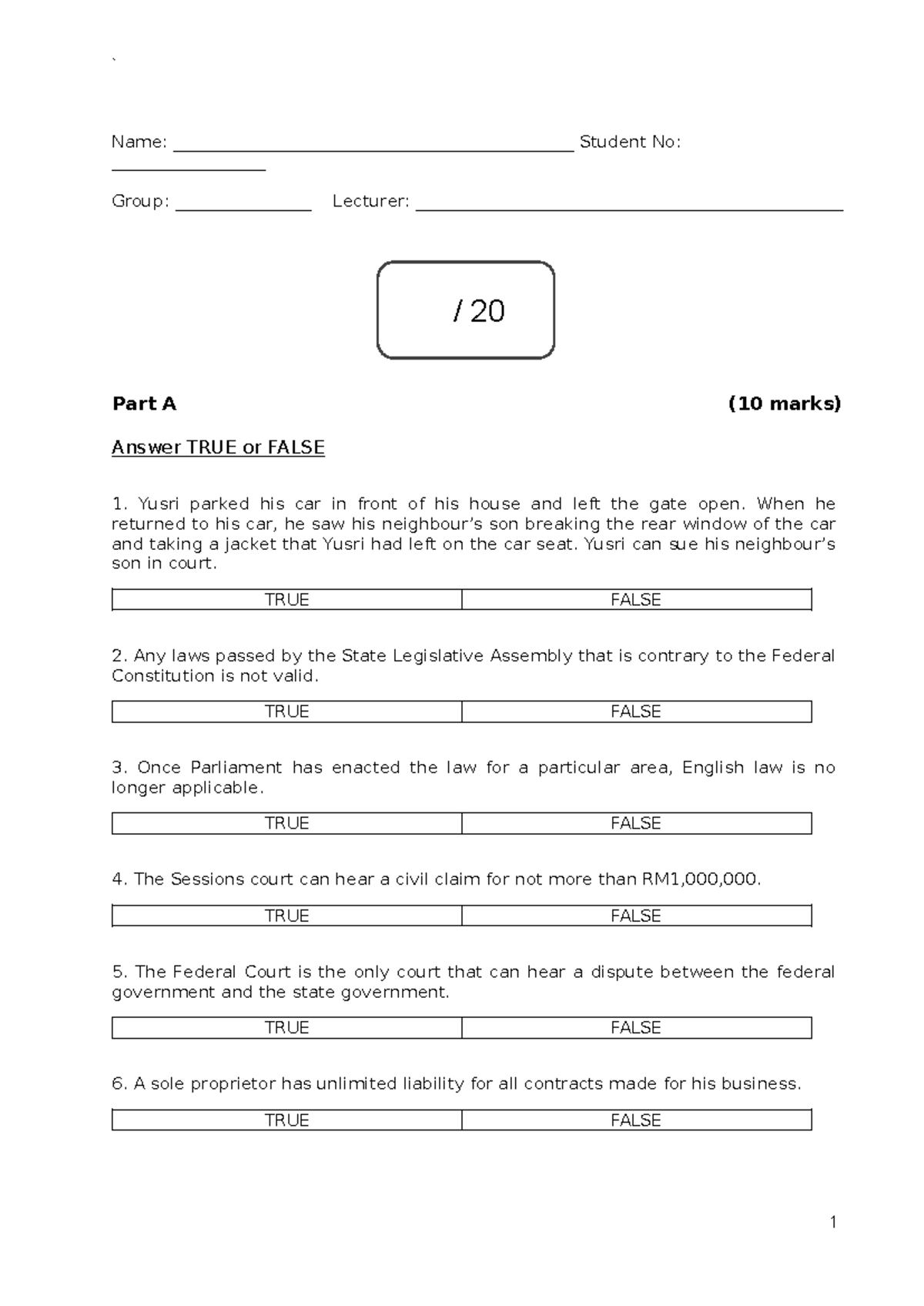 Quiz Law299 NOV 2025 - True/False & Multiple Choice Questions - Studocu