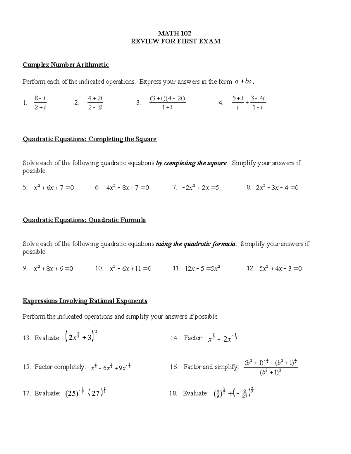 MATH 102 - Exam #1 Review Study Guide: Complex Numbers & Quadratics ...