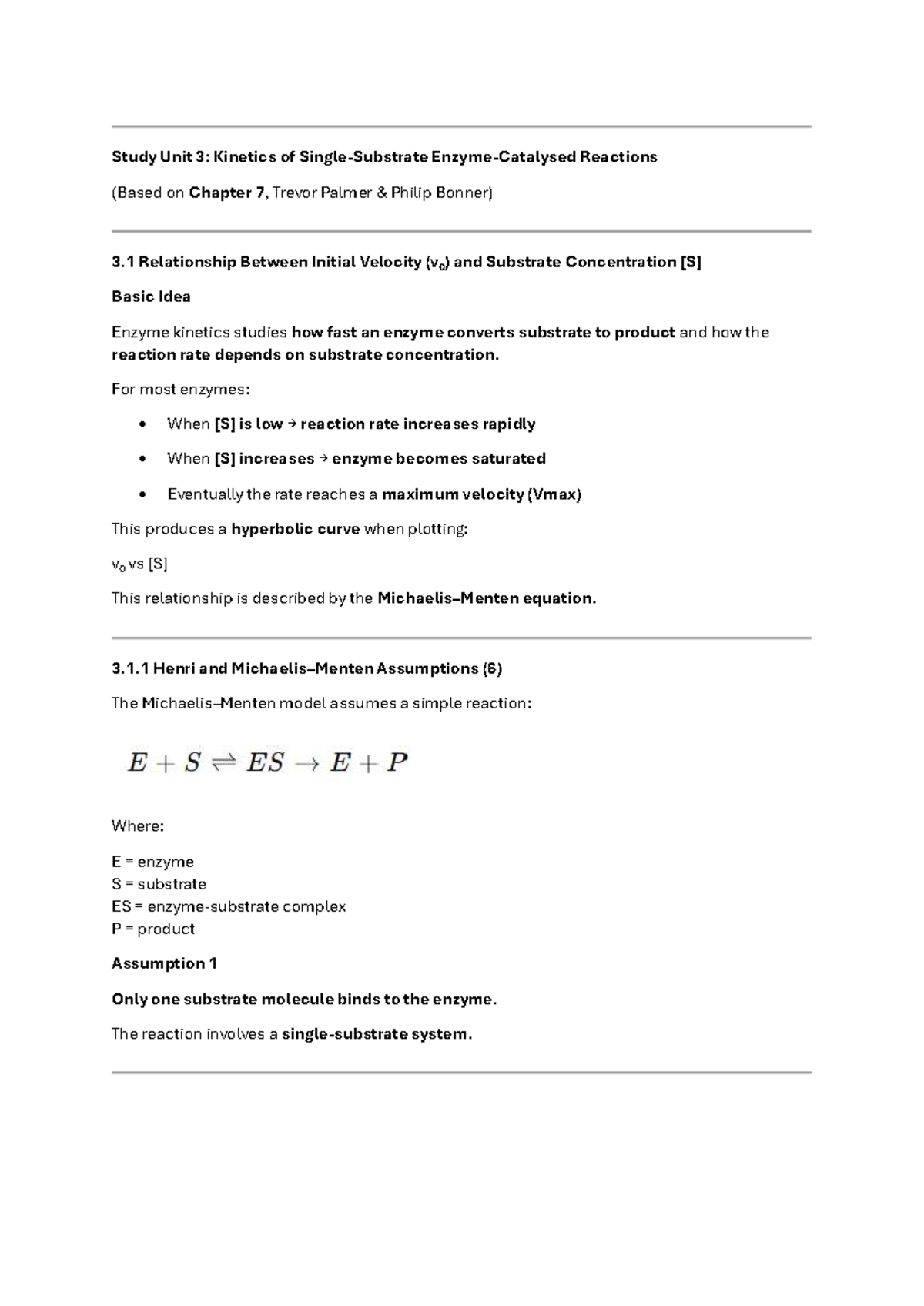 BCHS 316 Study Unit 3: Enzyme Kinetics Summary and Key Concepts - Studocu