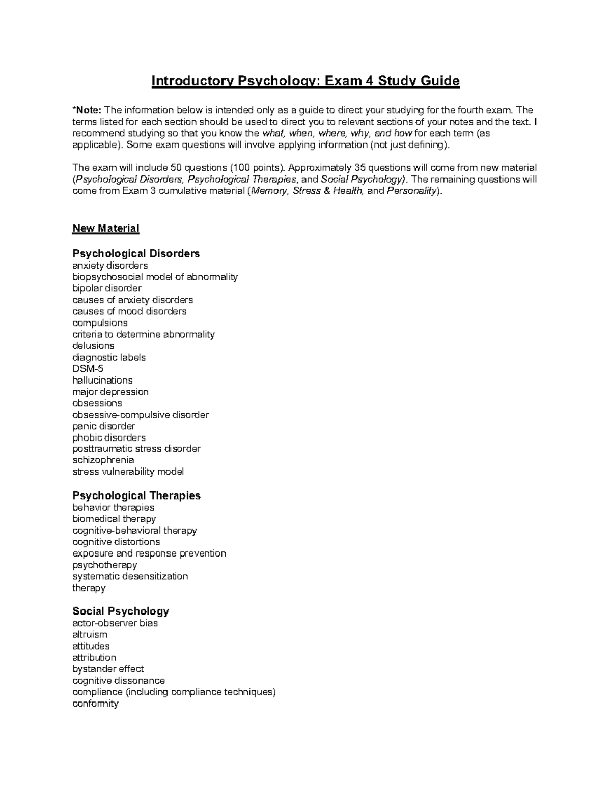 Introductory Psychology: Exam 4 Study Guide - Studocu