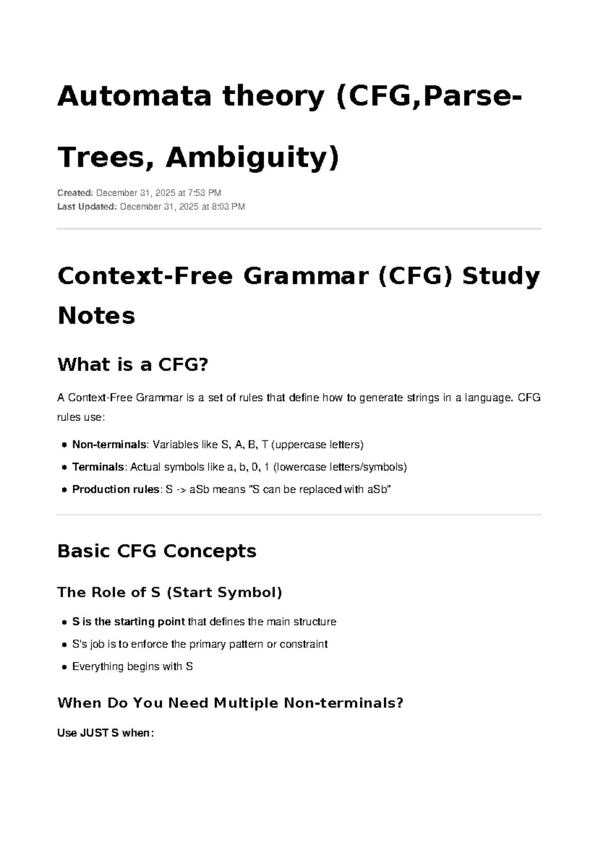 Automata Theory Study Notes: CFG, Parse Trees & Ambiguity - Studocu