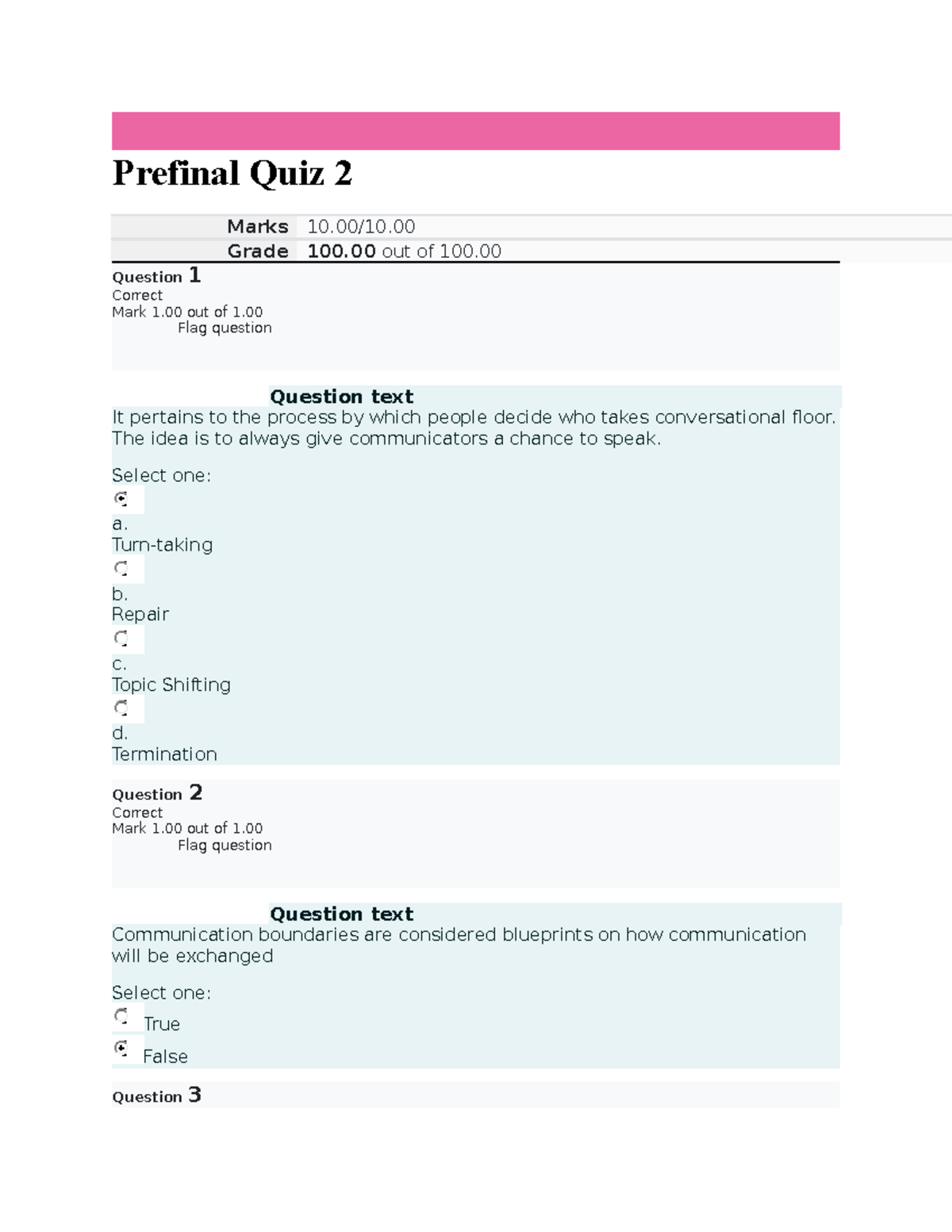 PRE Final QUIZ 2 - GE6106: Communication Strategies & Turn-Taking - Studocu