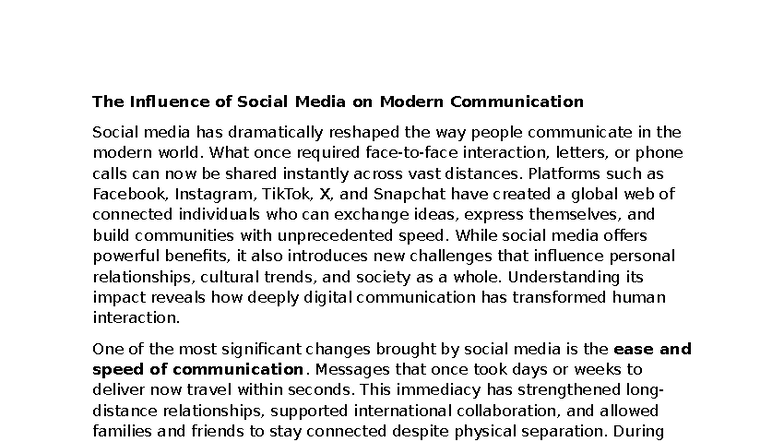The Impact of Social Media on Modern Communication Dynamics - Studocu
