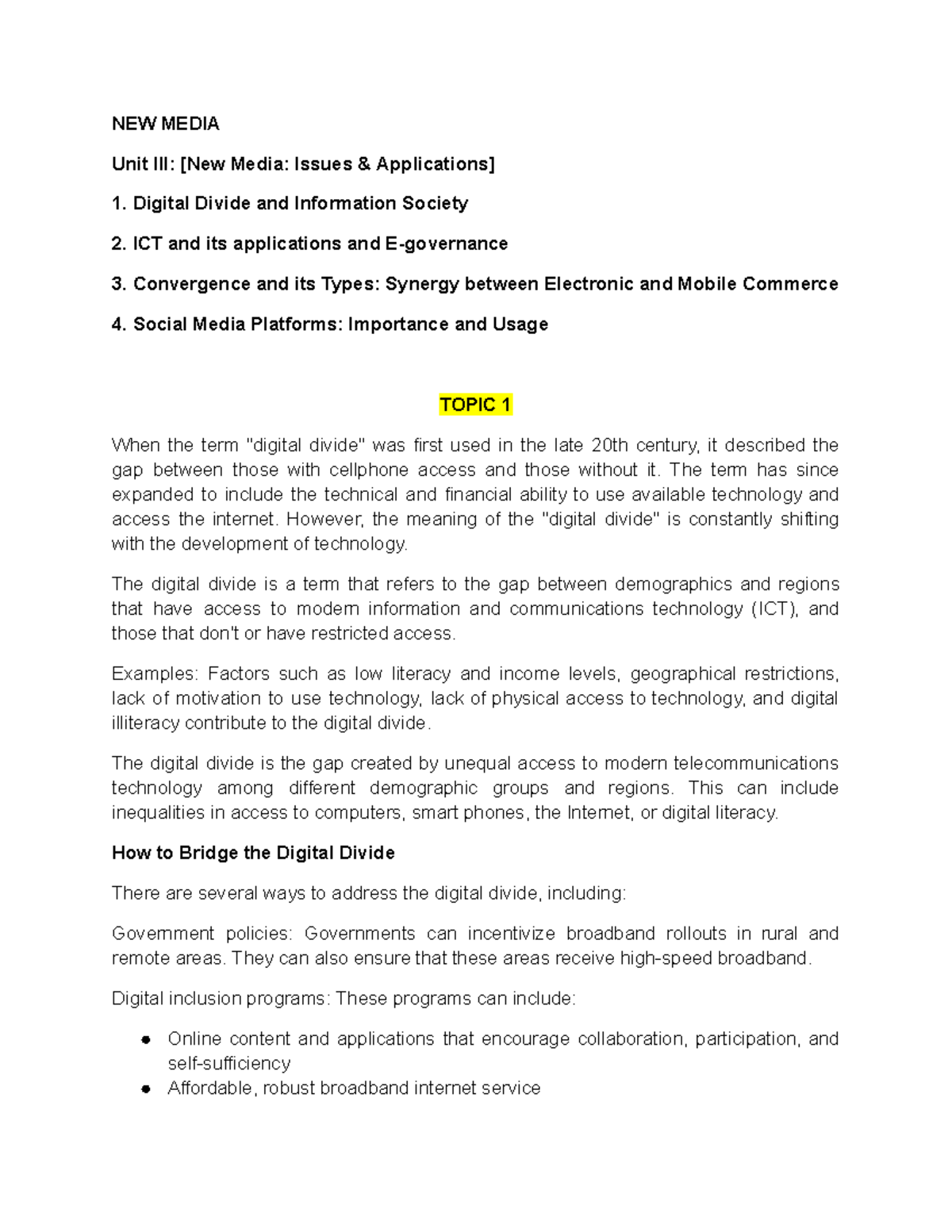 NEW Media U3 - Digital Divide and ICT Applications Analysis - Studocu