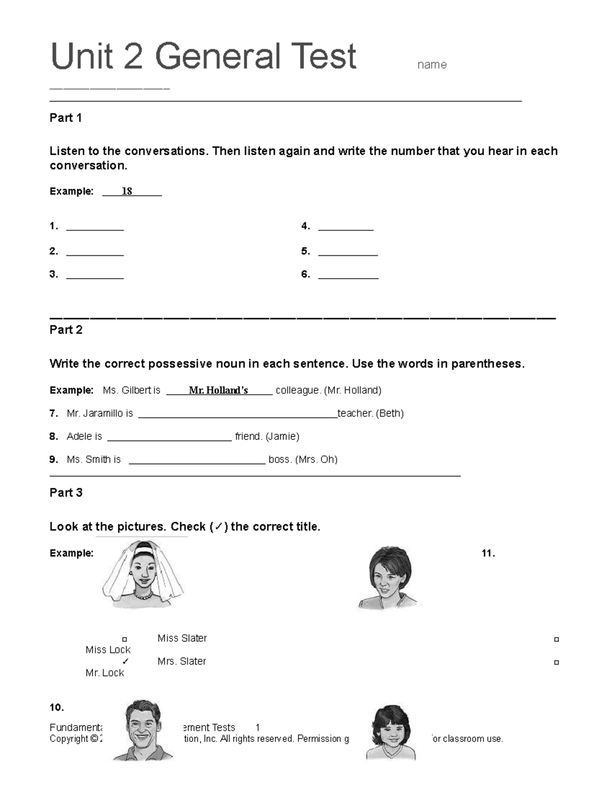 Top Notch Fundamentals Unit 2 Assessment - Unit 2 General Test name ...