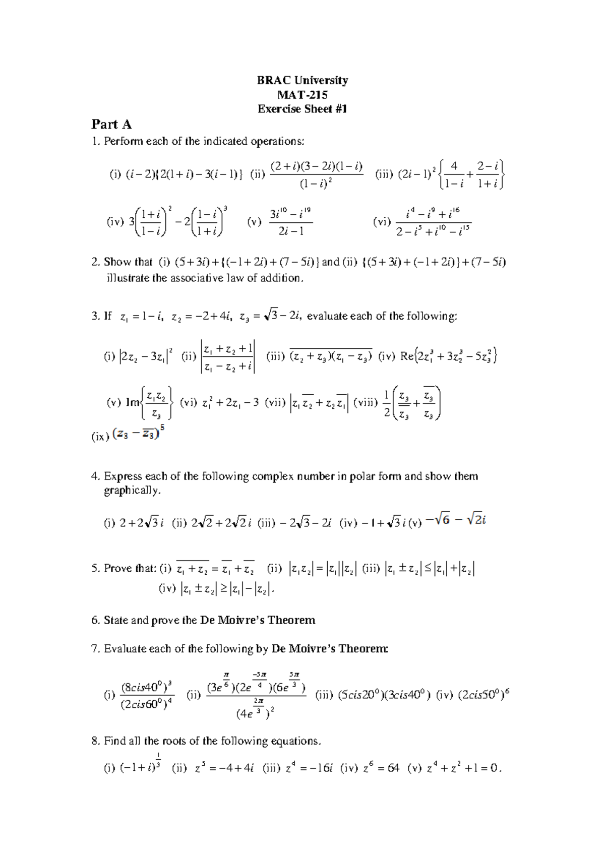 Exercise Sheet # 1 - BRAC University MAT- 215 Exercise Sheet # Part A ...