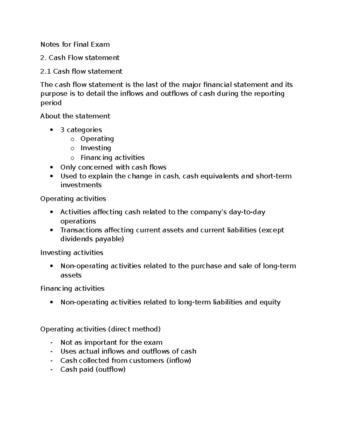 Final Exam Notes: Cash Flow Statement & Financial Analysis - Studocu