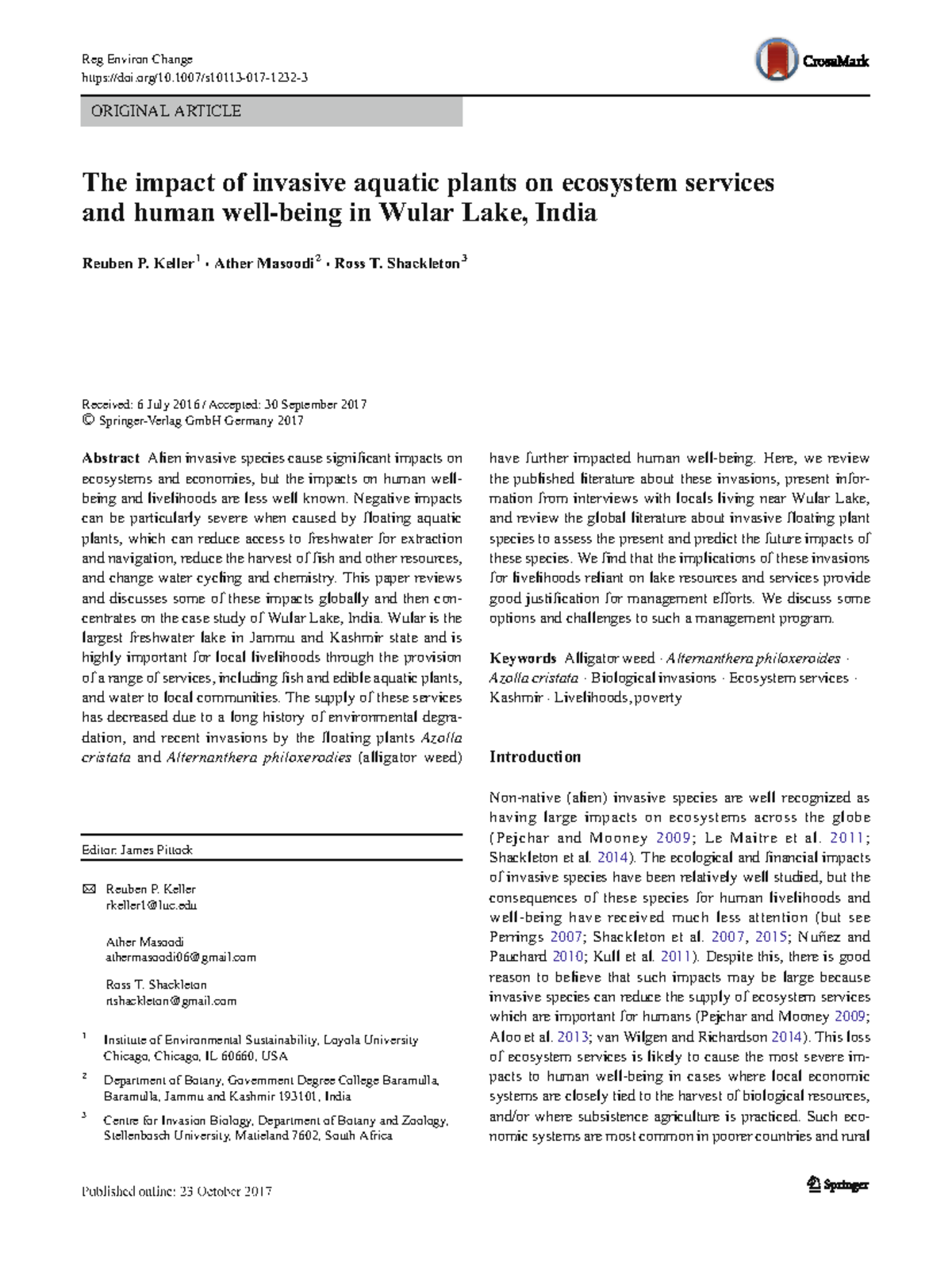 Invasive Aquatic Plants and Their Effects on Ecosystem Services in ...
