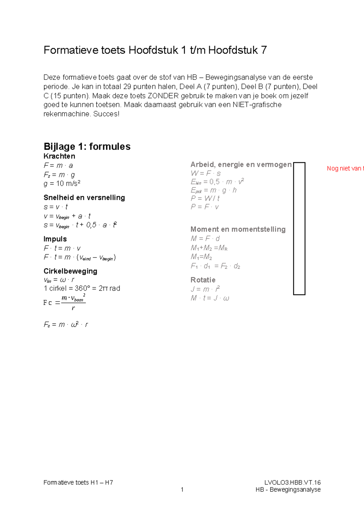 Formatieve Toets H1 t/m H7 - HB Bewegingsanalyse Antwoorden - Studeersnel