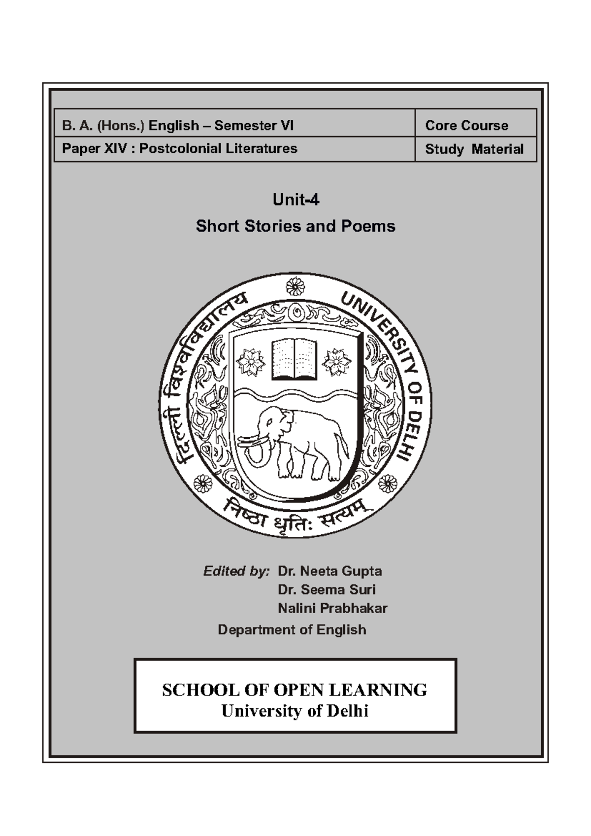 Unit 4 - Short Stories and Poems - SCHOOL OF OPEN LEARNING University ...