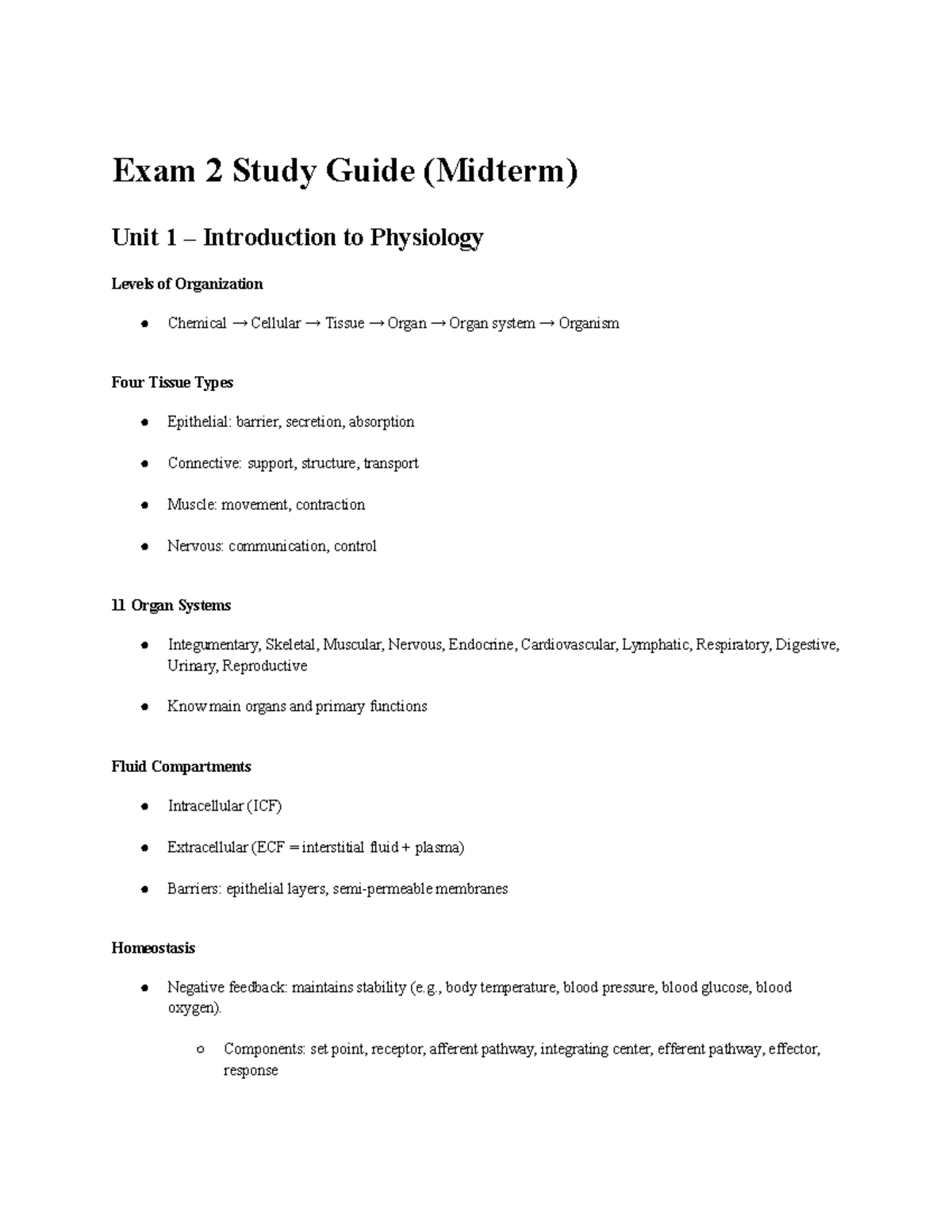 Exam 2 Study Guide (Midterm) for Anatomy & Physiology: Units 1-4 ...