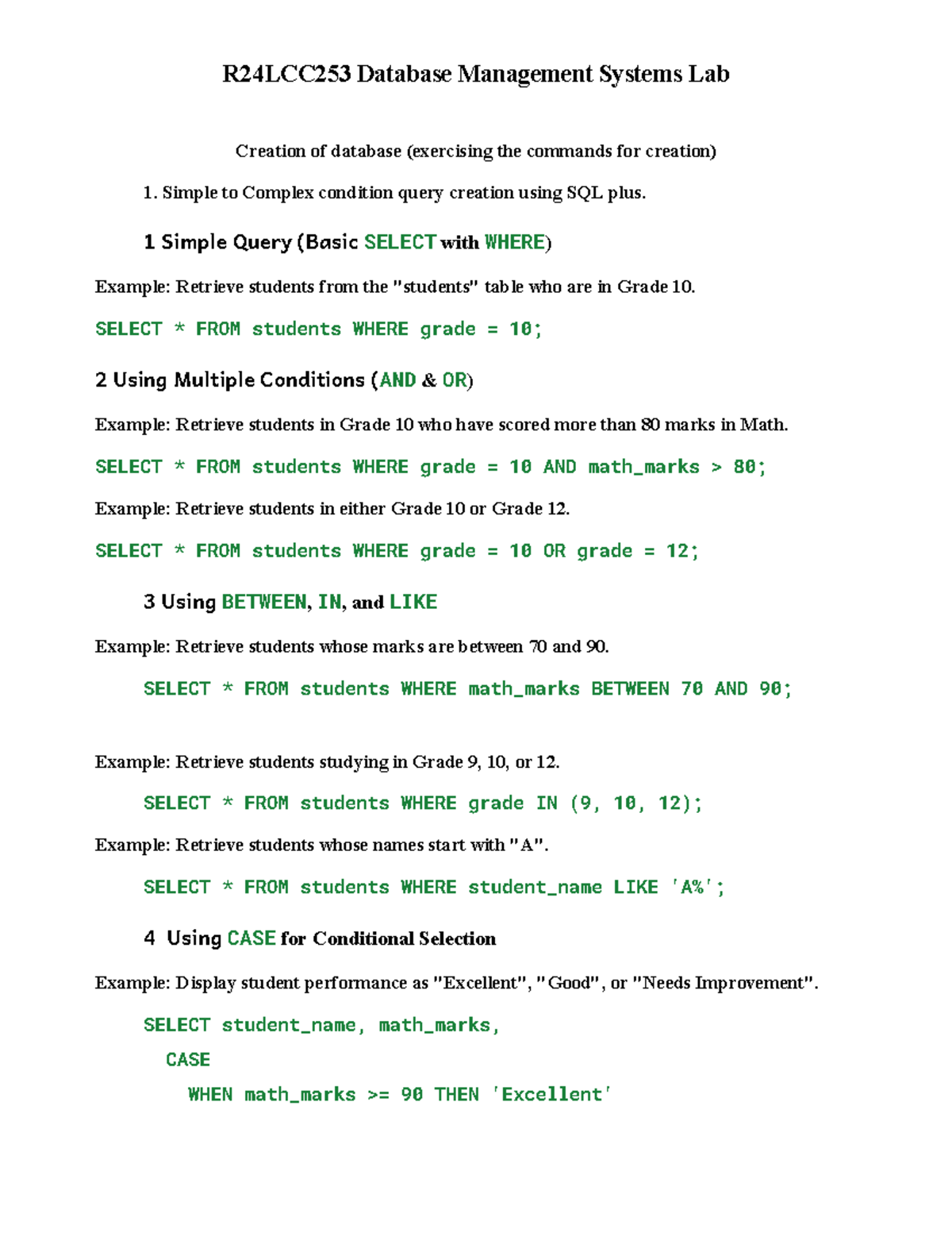 R24LCC253 Database Management Systems Lab: SQL Commands & Procedures -  Studocu