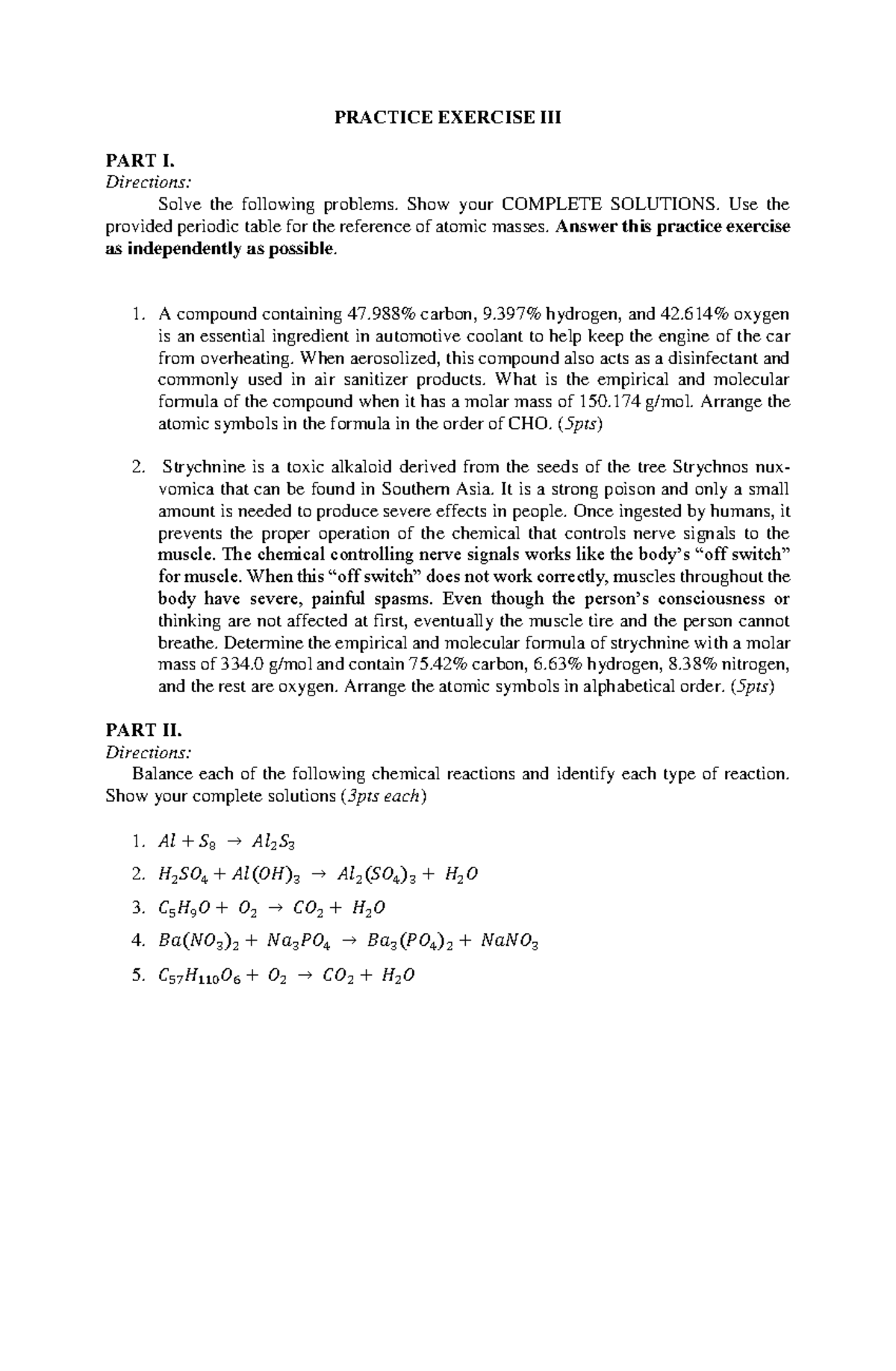 Practice Exercises III & IV - PRACTICE EXERCISE III PART I. Directions ...