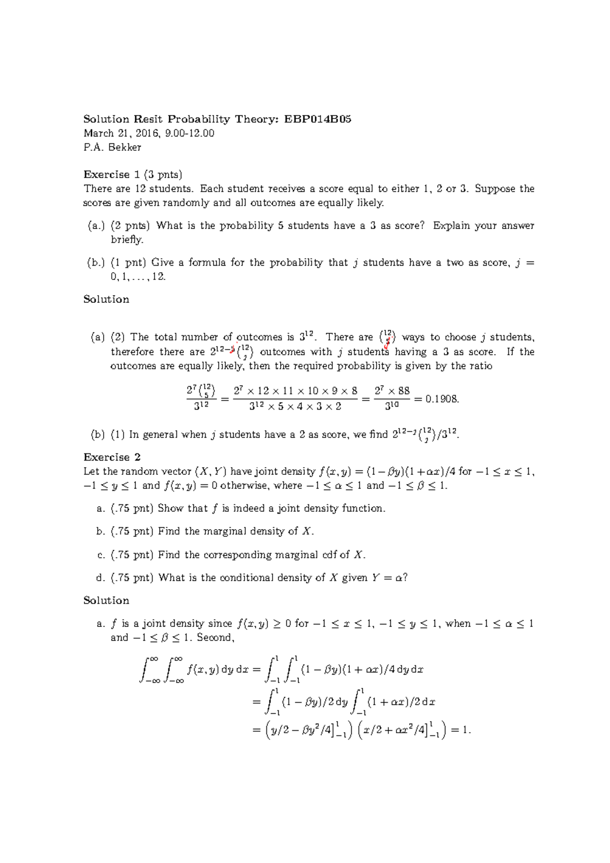 Resit Exam Solutions: EBP014B05 Probability Theory, March 2016 ...