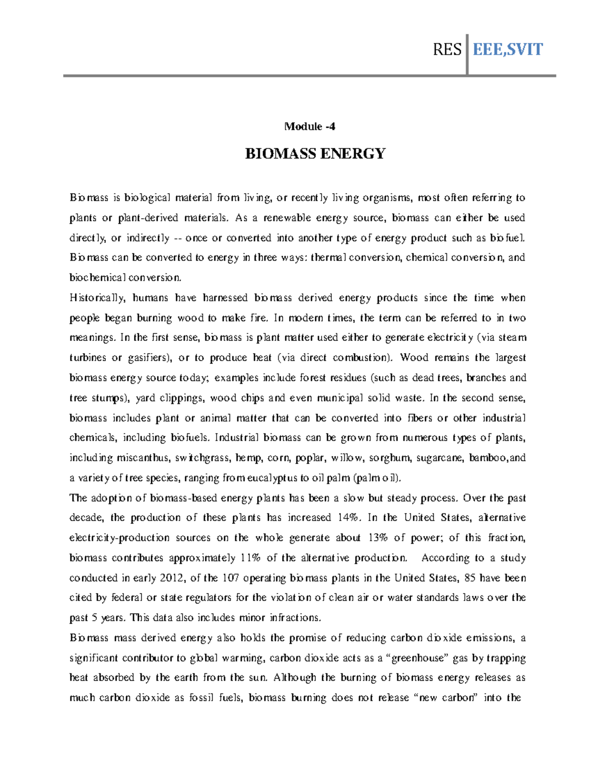 RES Module 4: Biomass Energy and Biogas Production Insights - Studocu