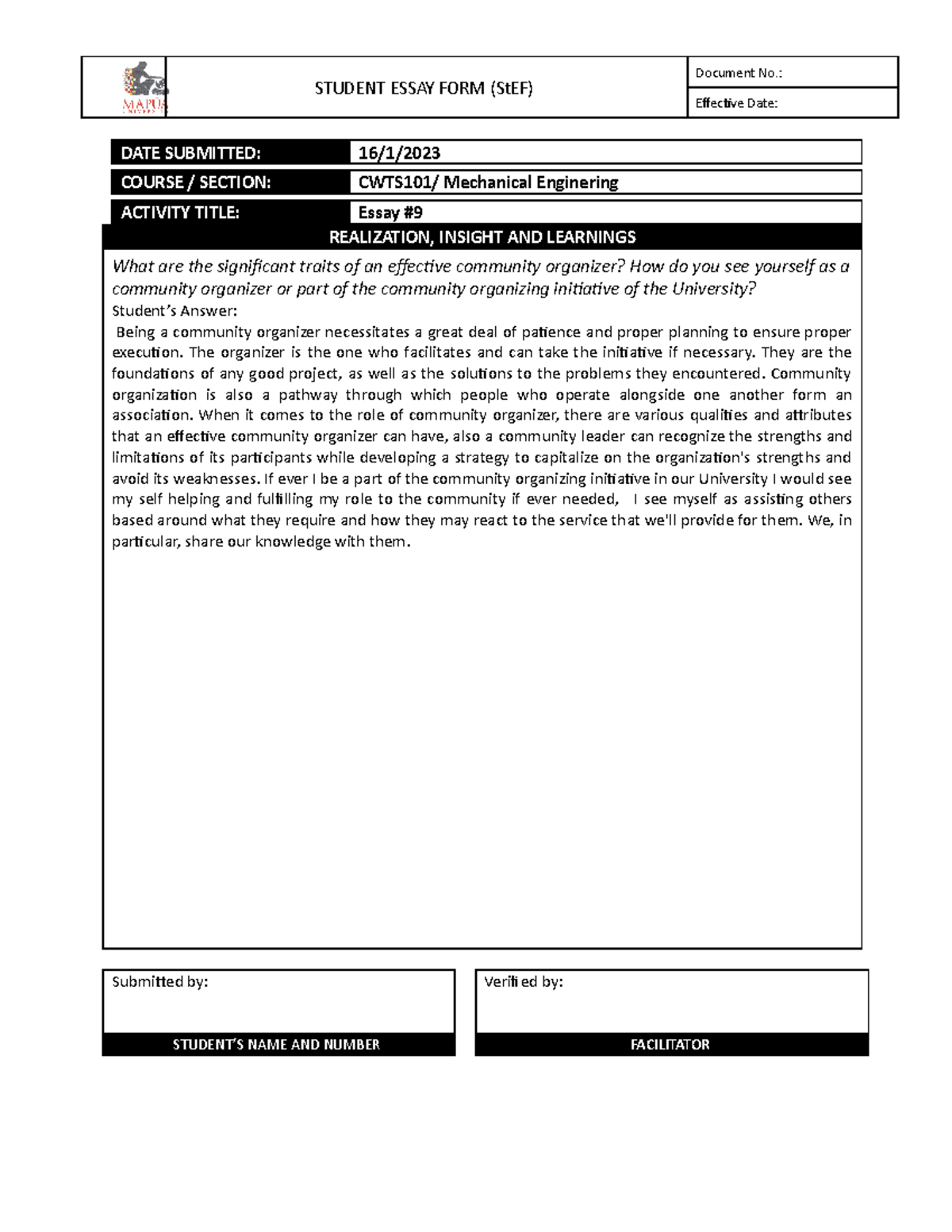 Form - CWTS101 Essay #9 - STUDENT ESSAY FORM (StEF) Document No ...