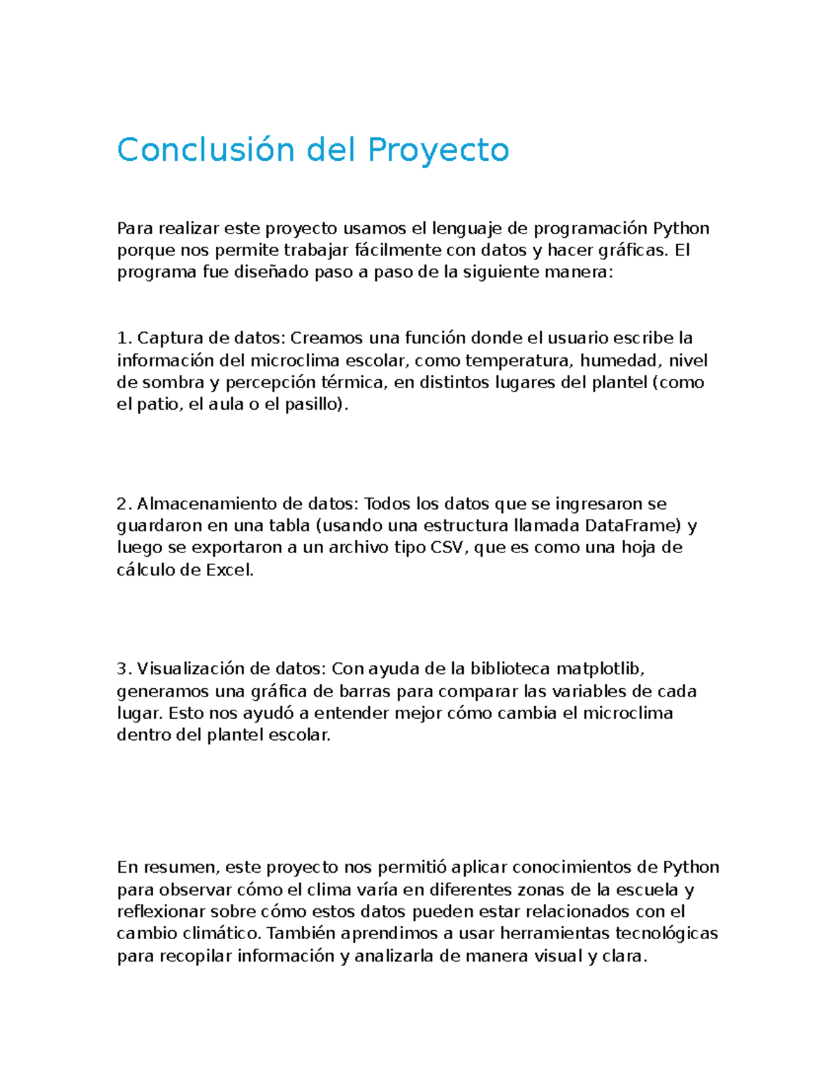 Conclusión del Proyecto de Microclima Escolar en Python - Studocu