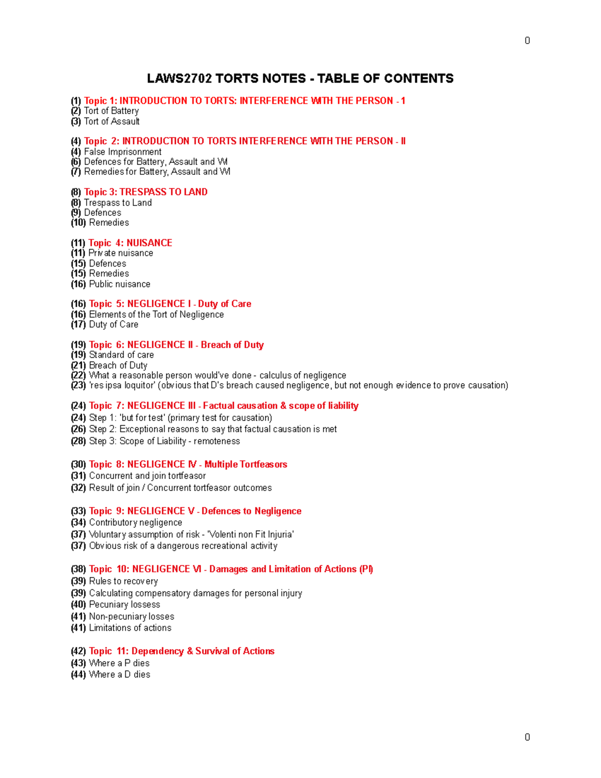 LAWS2702 Torts Exam Notes - Comprehensive Review for Final Exam - Studocu