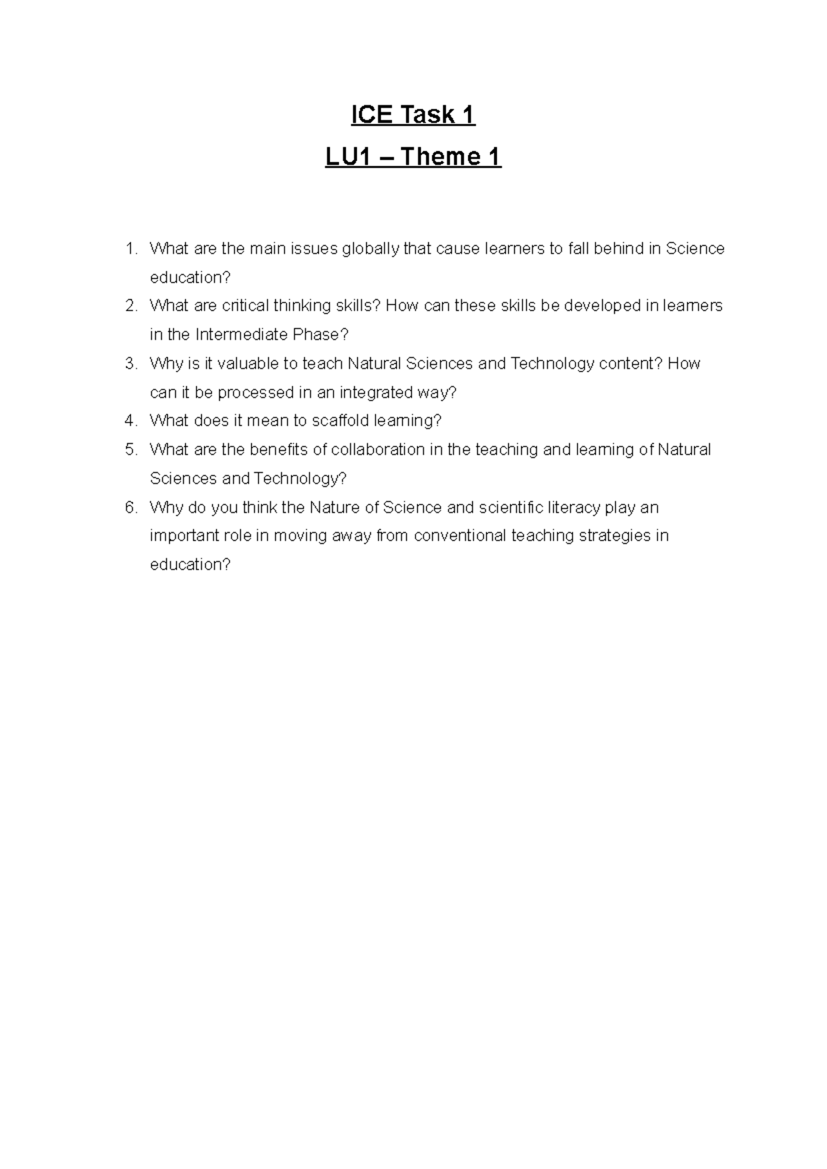 ICE Task 1 - Exploring Global Challenges in Science Education - Studocu