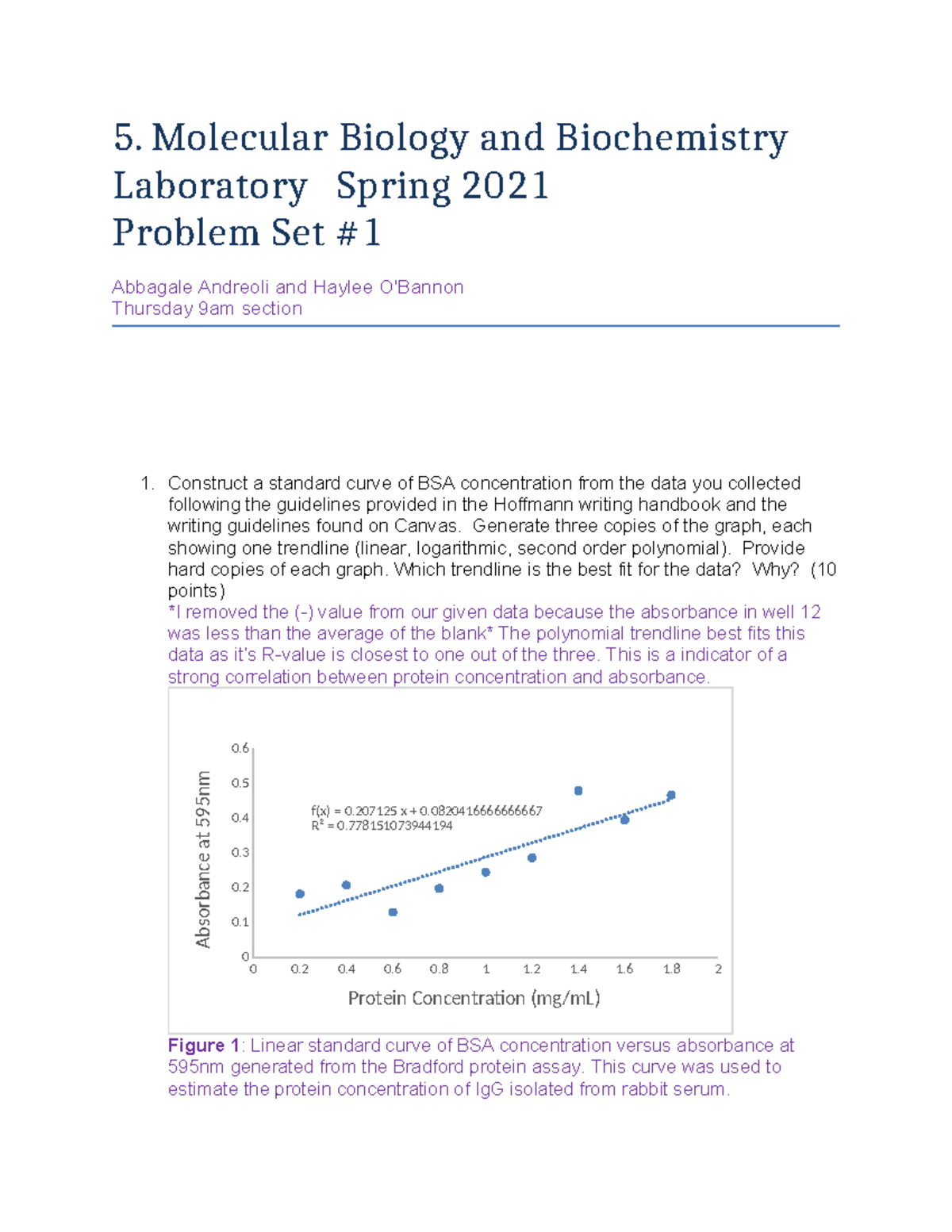 Biochem 101: Spring 2021 Lab Problem Set on BSA Standard Curves - Studocu