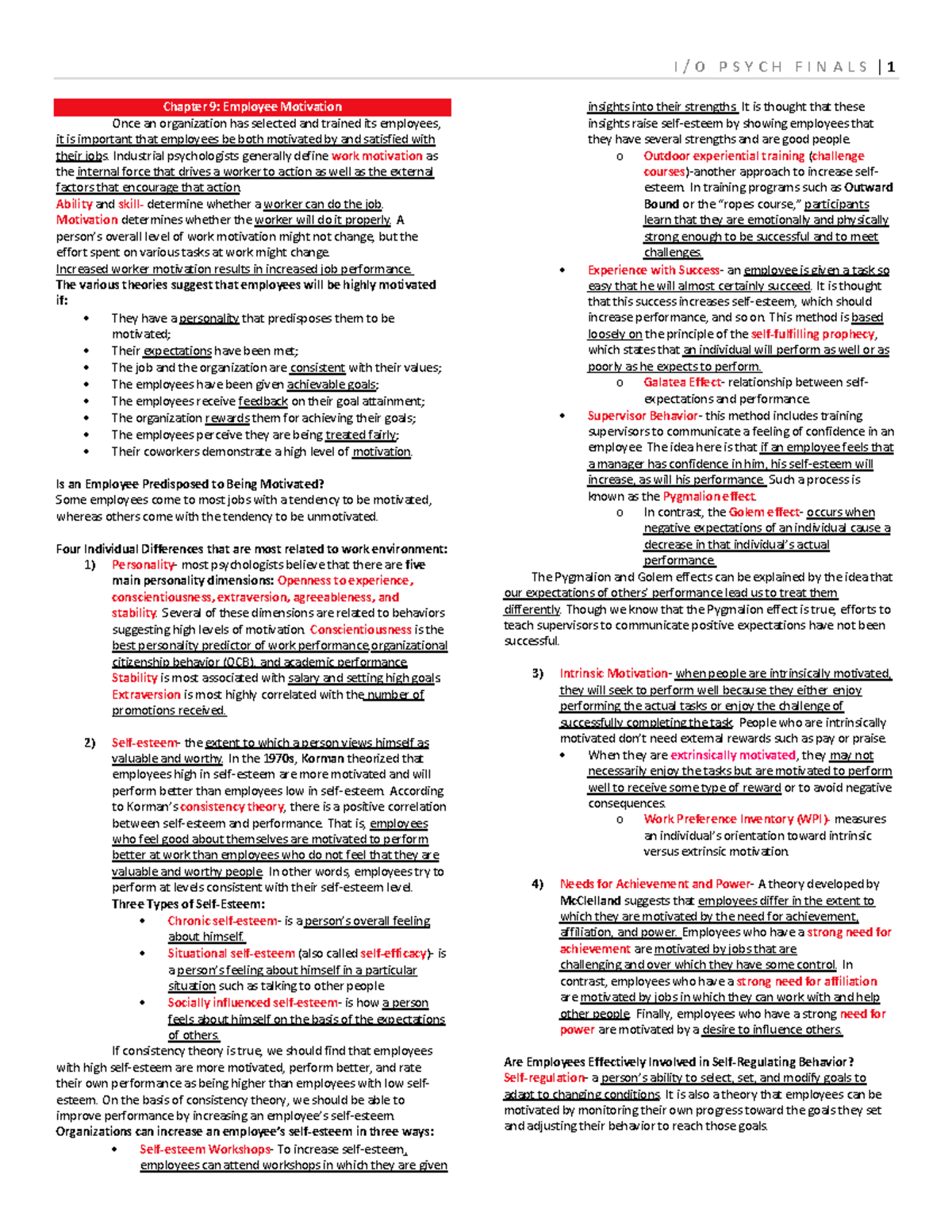 I0 Finals 1 5 - Employee Motivation Chapter Notes - Studocu