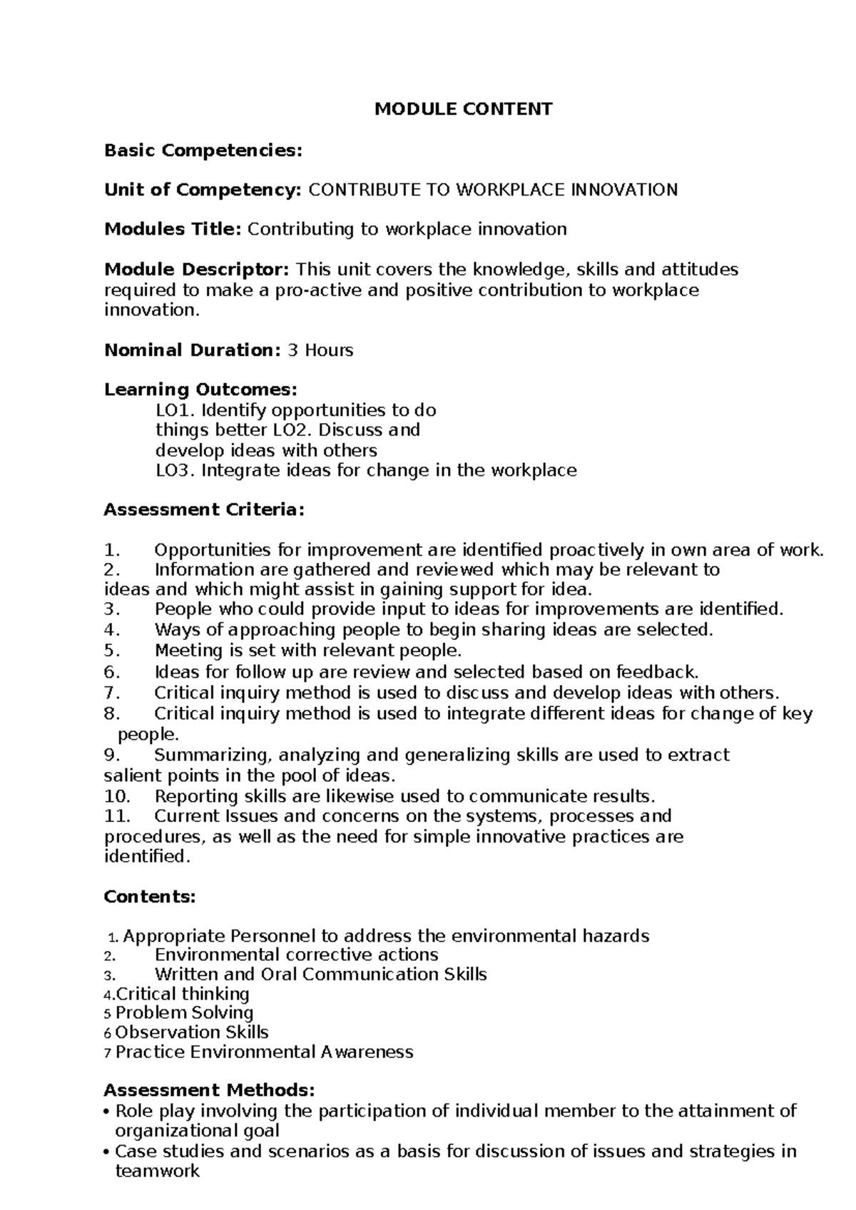 CBLM Basic UC 5: Contributing to Workplace Innovation Module Guide ...