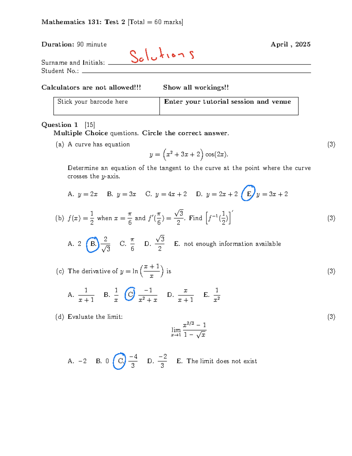 MATH 131: Test 2 Solutions - April 2025 Exam Breakdown - Studocu