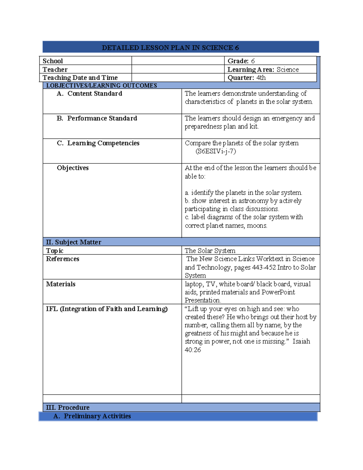 Science Grade 6 Detailed Lesson Plan: The Solar System Exploration ...