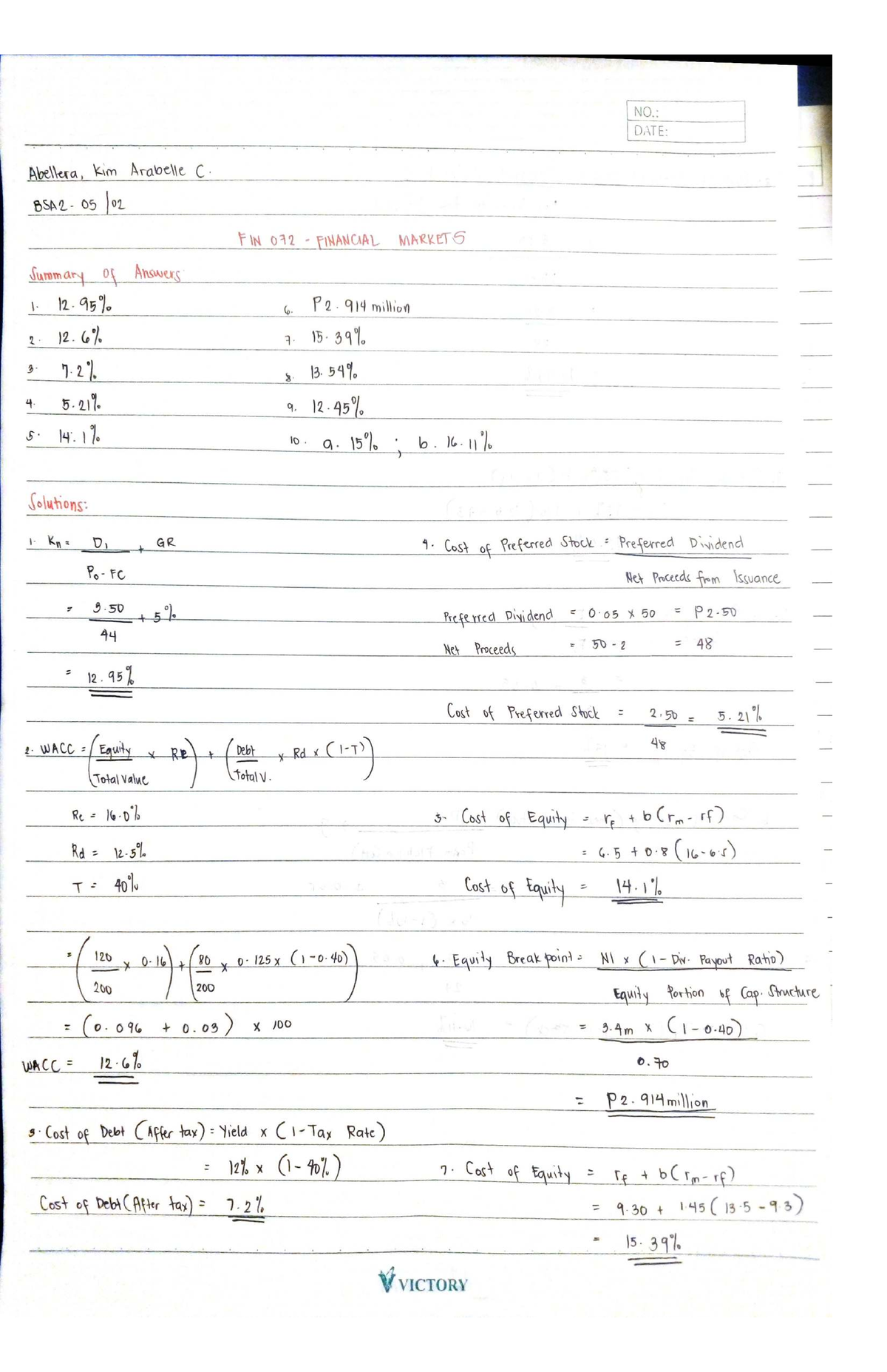 FIN 072 Financial Markets: Summary of Cost of Capital Solutions - Studocu