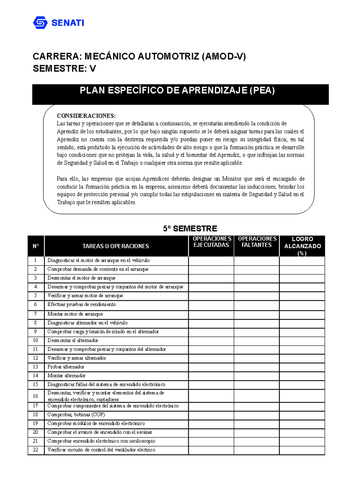 PEA - 5º Semestre de Mecánico Automotriz (AMOD-V) - Tareas y Operaciones - Document Preview