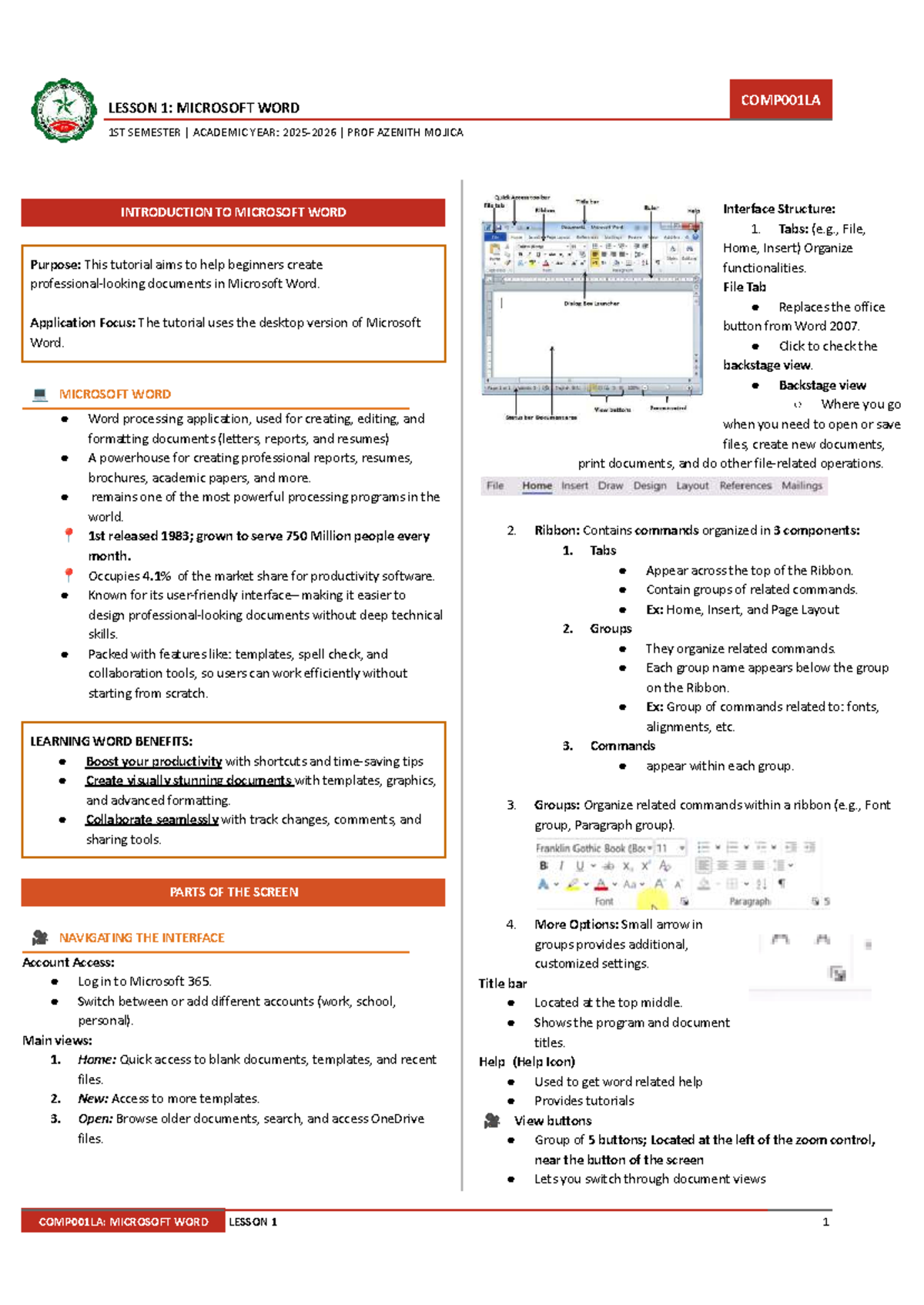 COMP001LA: MICROSOFT WORD LESSON 1 OVERVIEW AND TIPS - Studocu