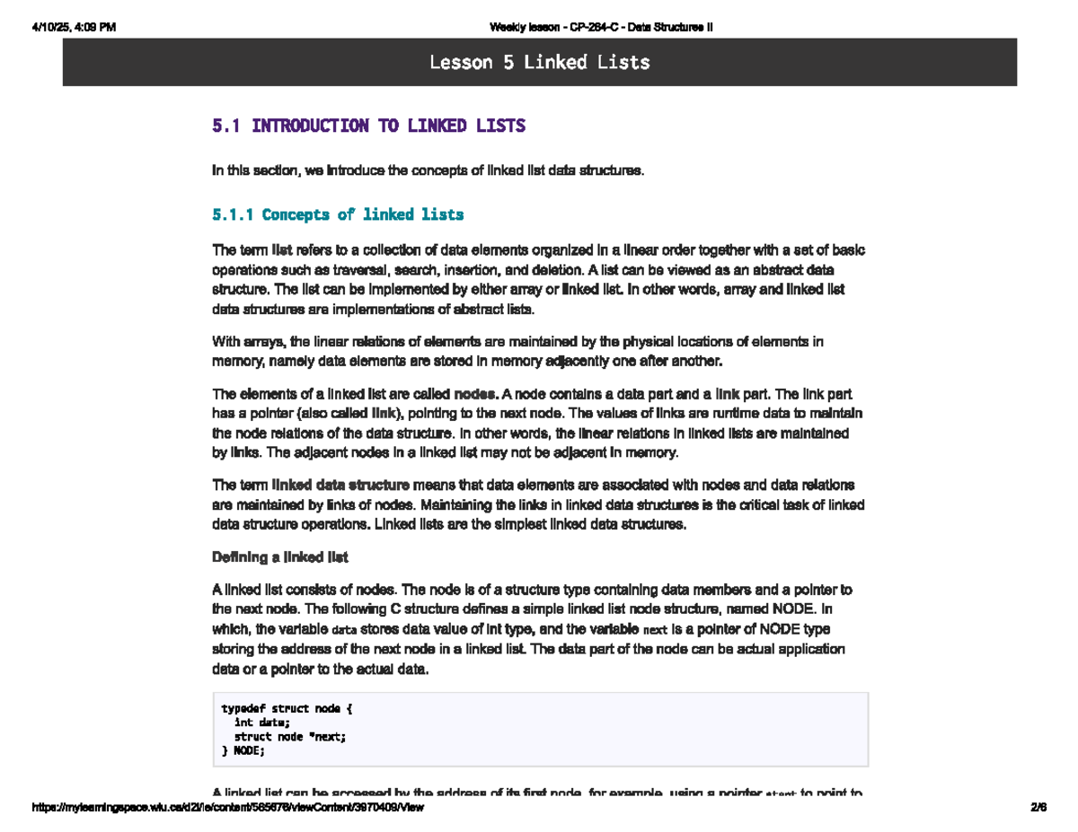 Cp264 - Lecture slides on linked lists and data structures - Studocu