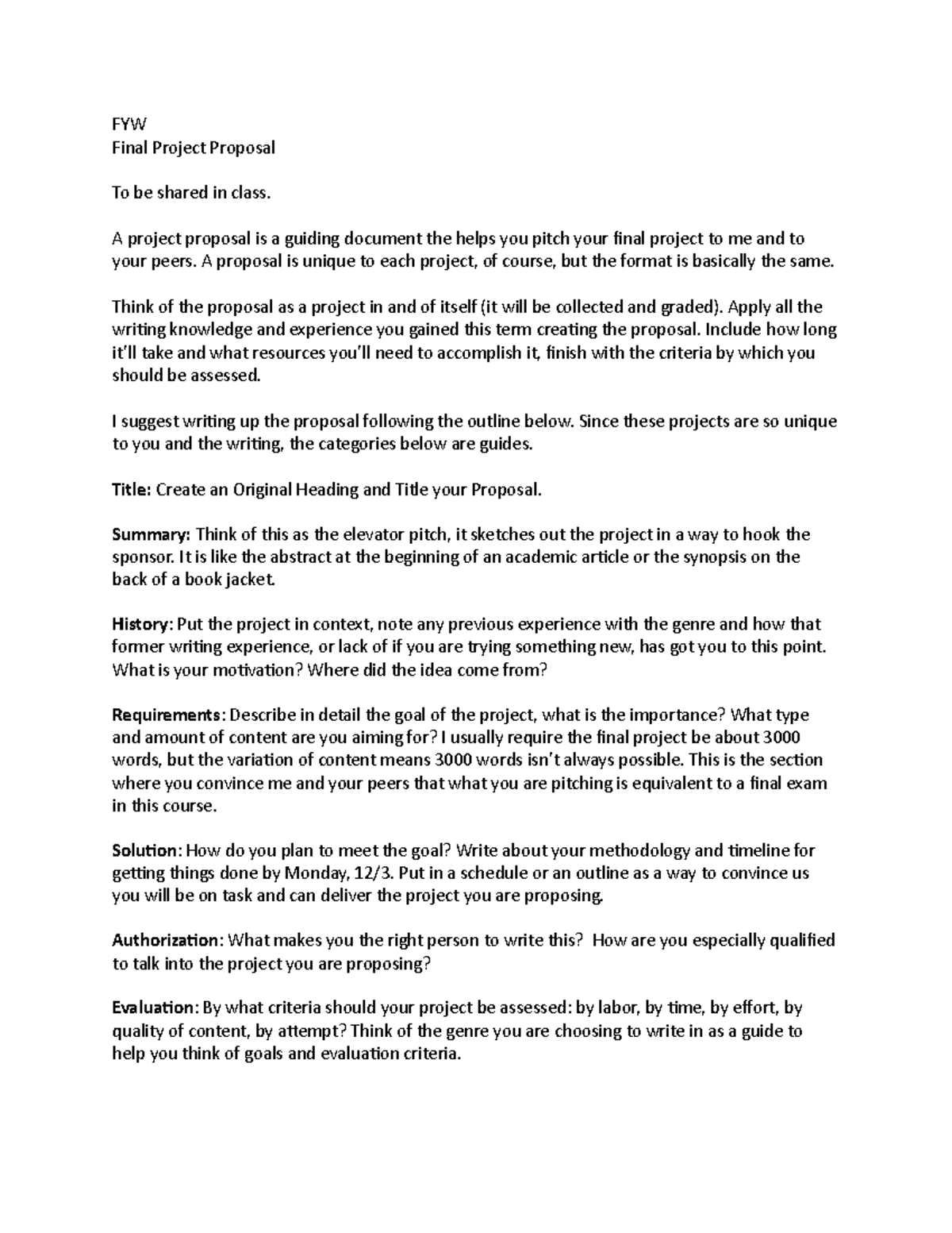 Final Project Proposal - FYW Final Project Proposal To be shared in ...