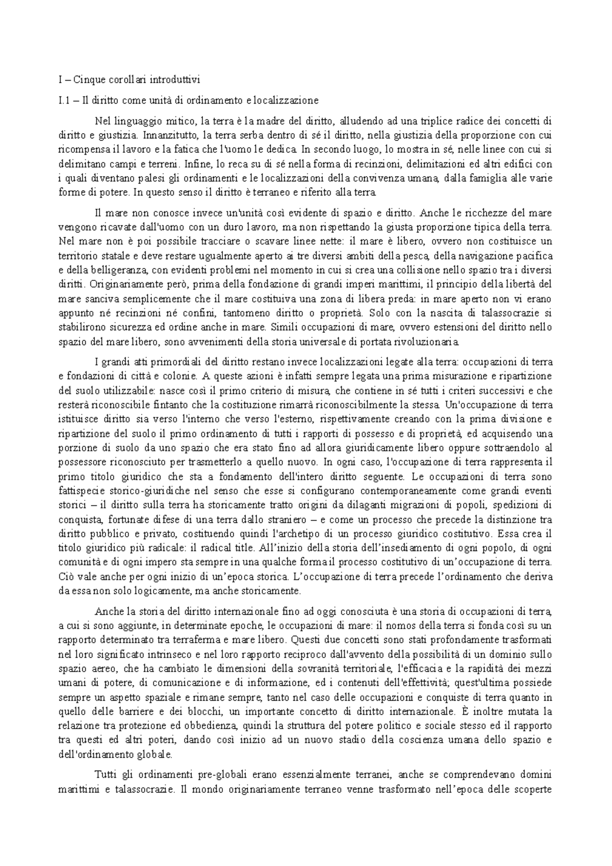 Il nomos della terra riassunto - I – Cinque corollari introduttivi I ...