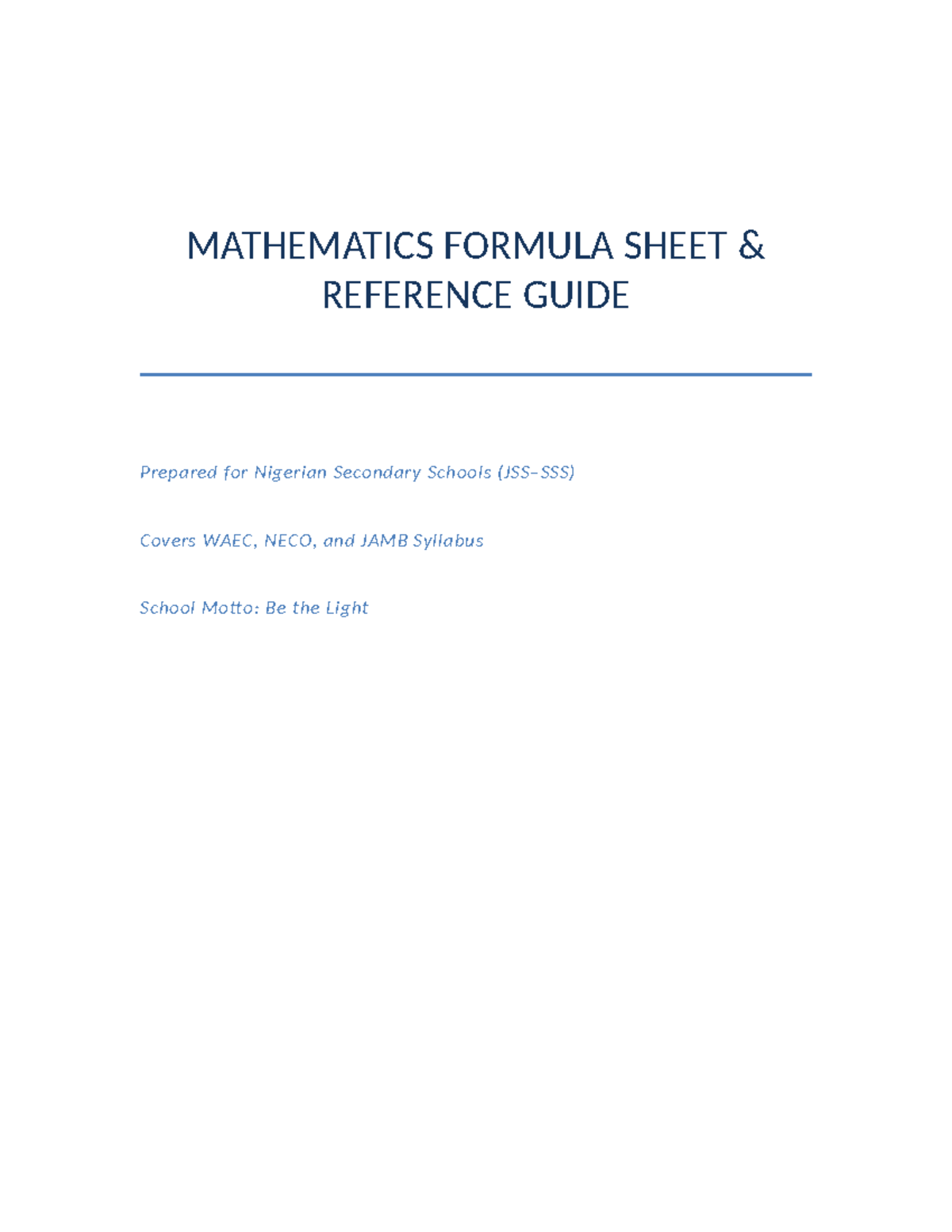 MATHEMATICS FORMULA SHEET REFERENCE GUIDE for WAEC, NECO, JAMB - Studocu
