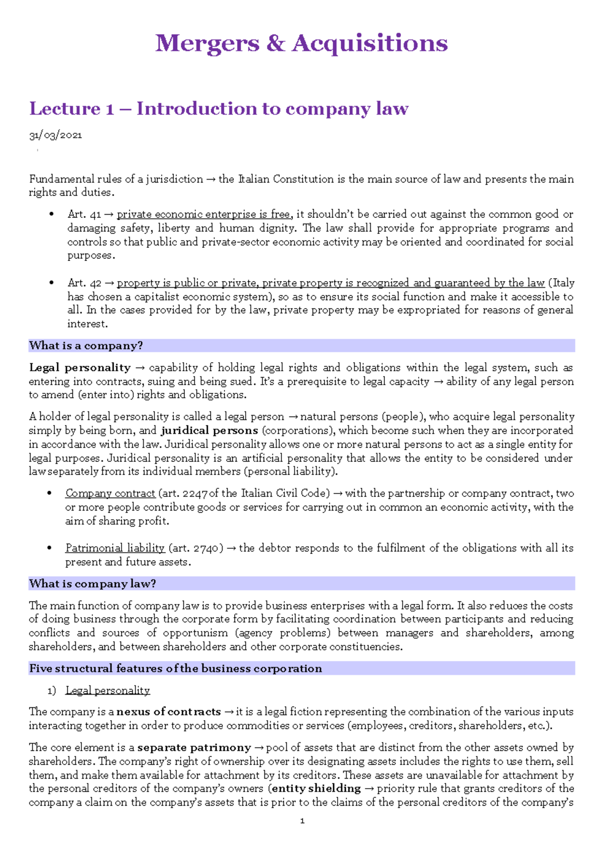 Lecture Notes on Mergers & Acquisitions (M&A) - Appunti Lezioni - Studocu