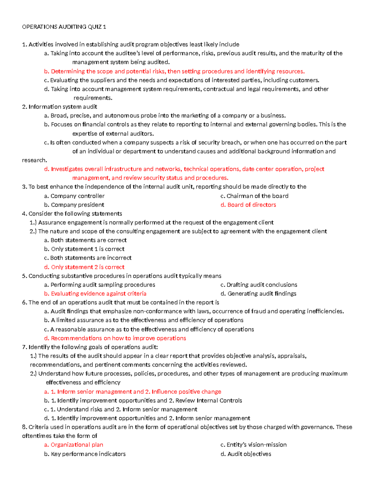 Operations Auditing Quiz 1: Key Concepts and Examples - Studocu