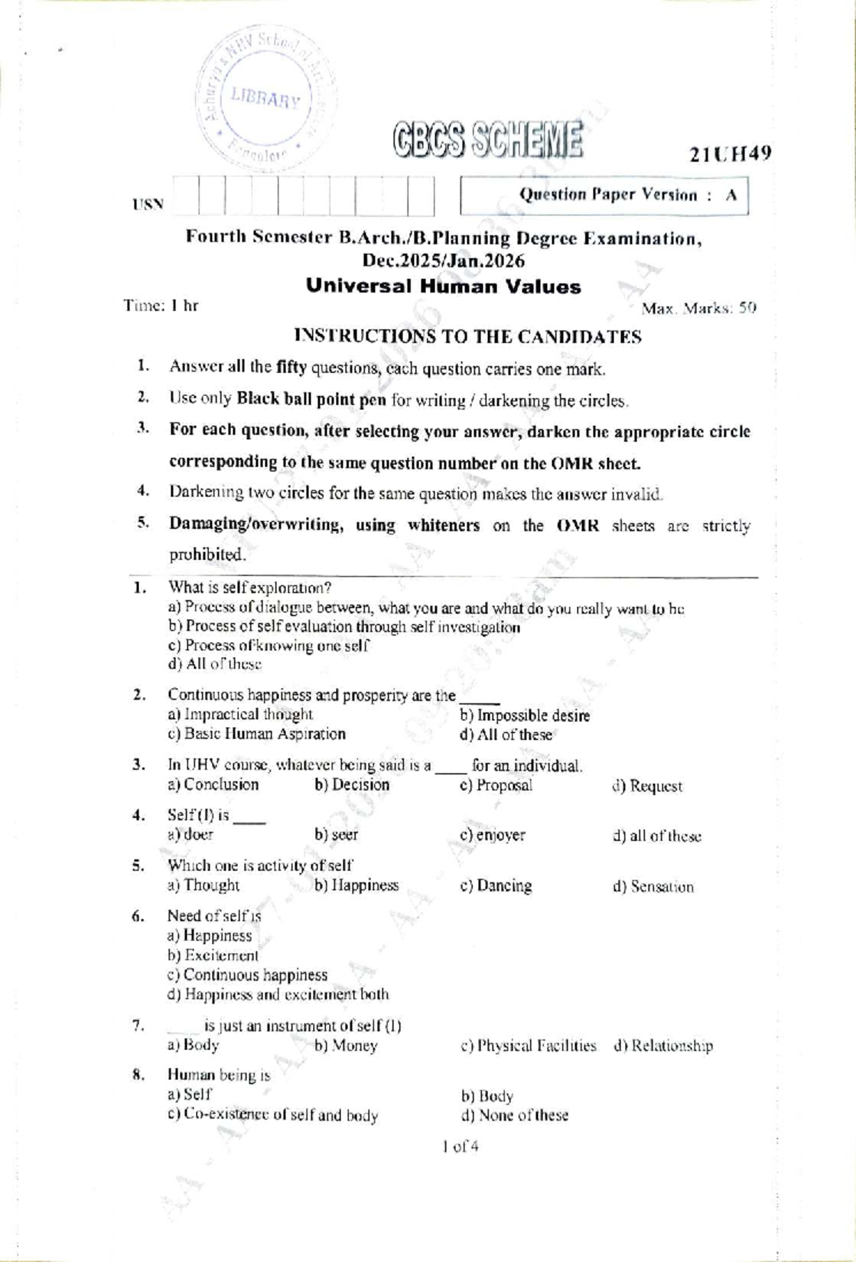 21UH49 Fourth Sem UHV Exam Question Paper - Version A - Studocu