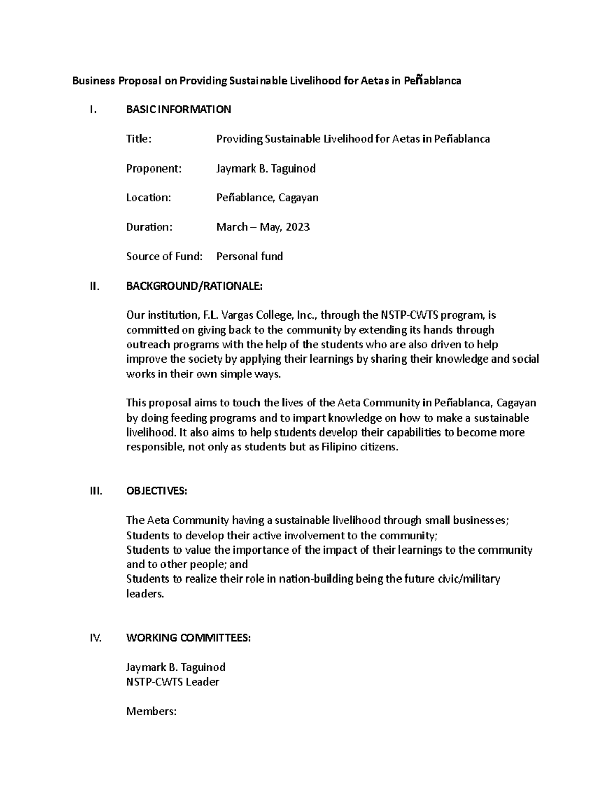 NSTP-CWTS Proposal: Sustainable Livelihood for Aetas in Peñablanca ...