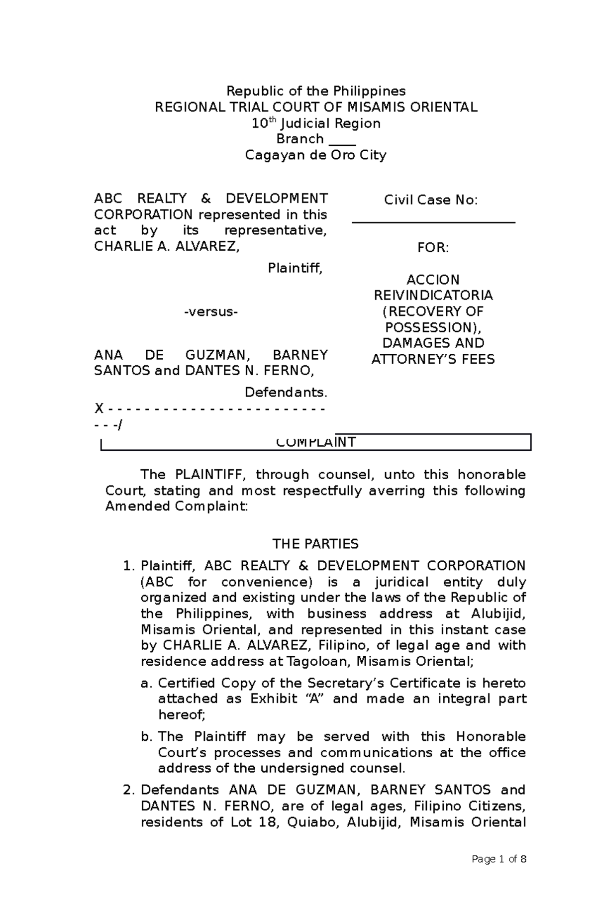 Complaint Template - Accion Reivindicatoria in Civil Case No ...