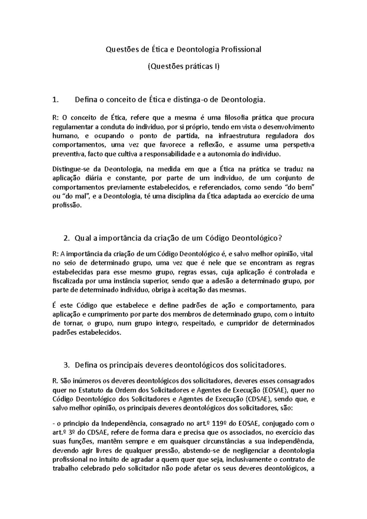 Questões Práticas de Ética e Deontologia Profissional: Análise e ...