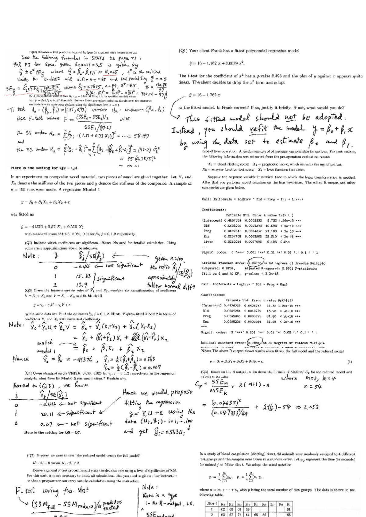 Stor455 Final Exam Cheatsheet: Regression Analysis and Model Testing ...