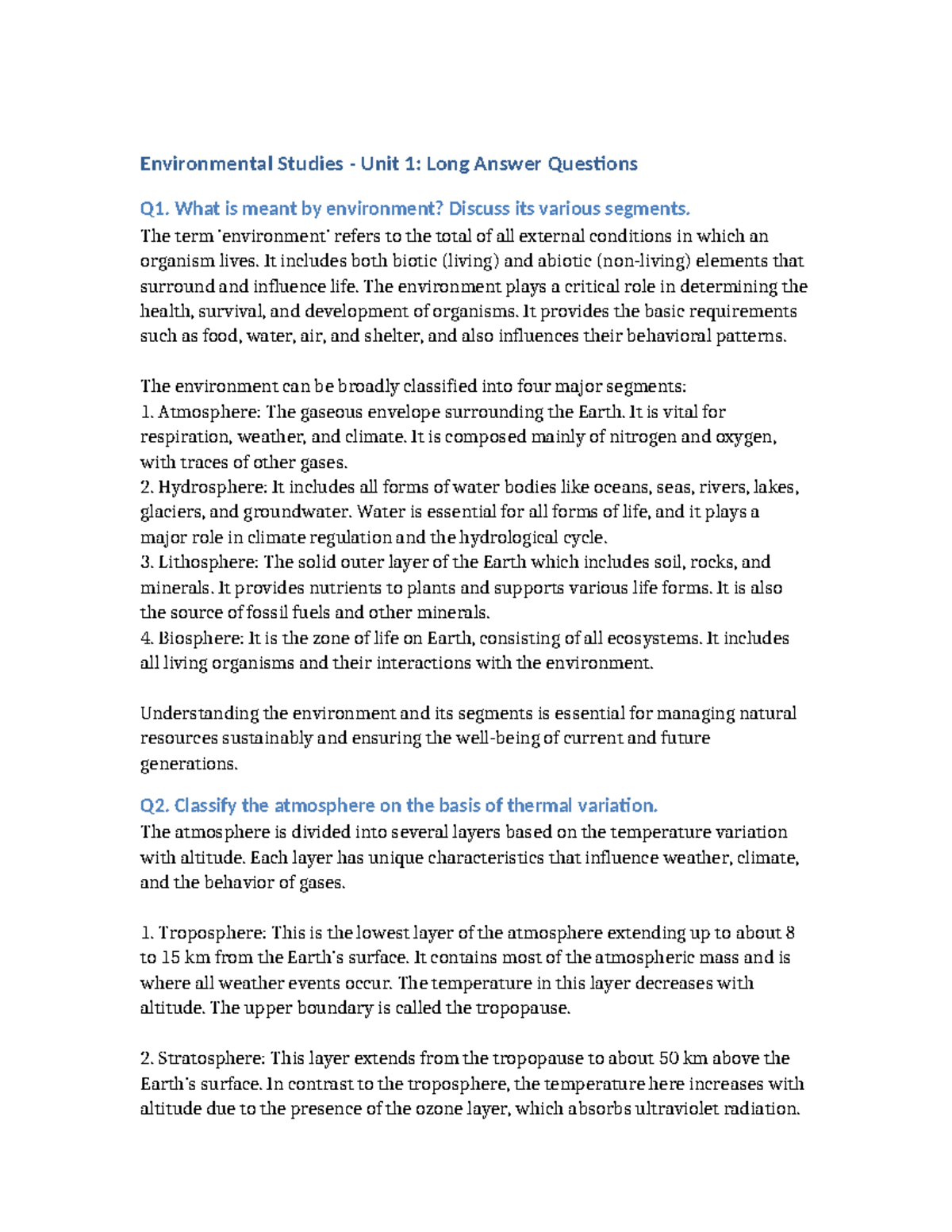 Regenerated Environmental Studies Unit 1 Long Answers - Environmental ...