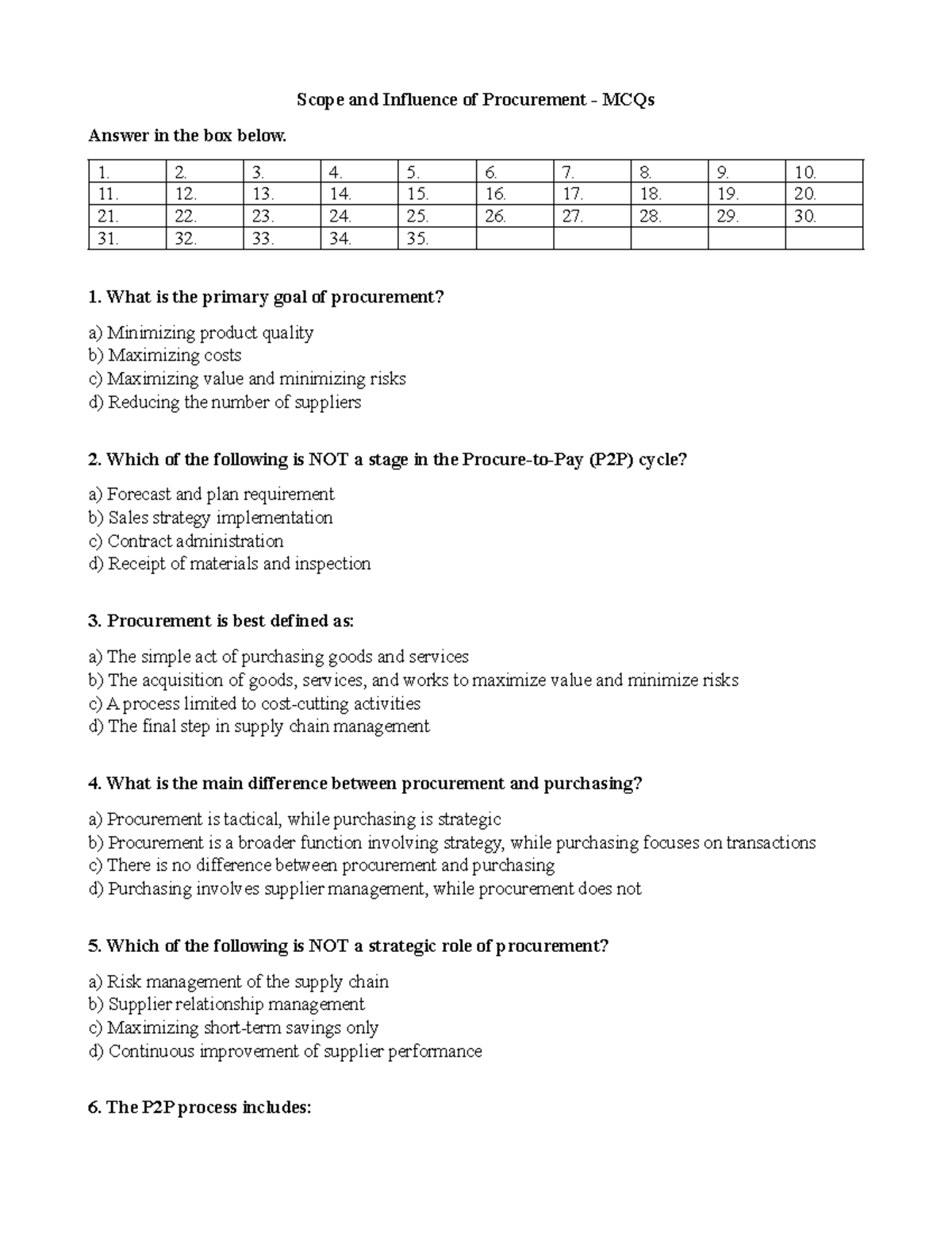 Procurement MCQs: Scope and Influence - 35 Questions for Review - Studocu