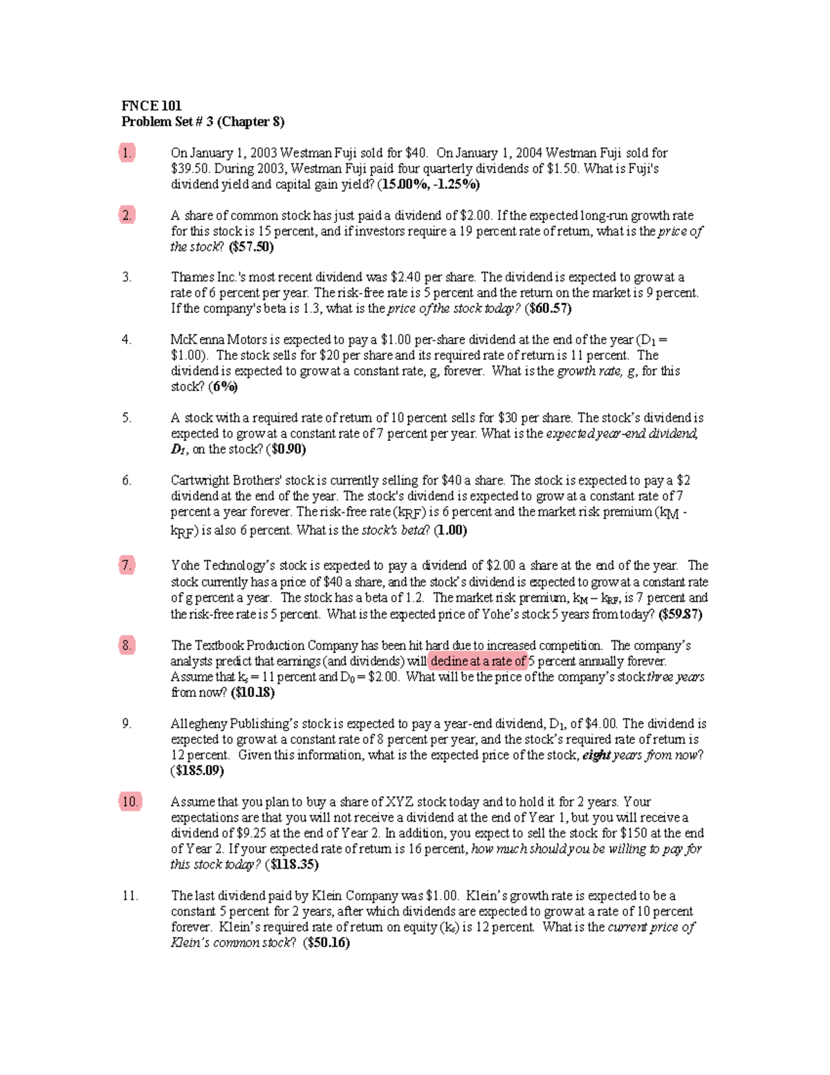 FNCE 101 Problem Set 3: Dividend and Stock Valuation Analysis - Studocu