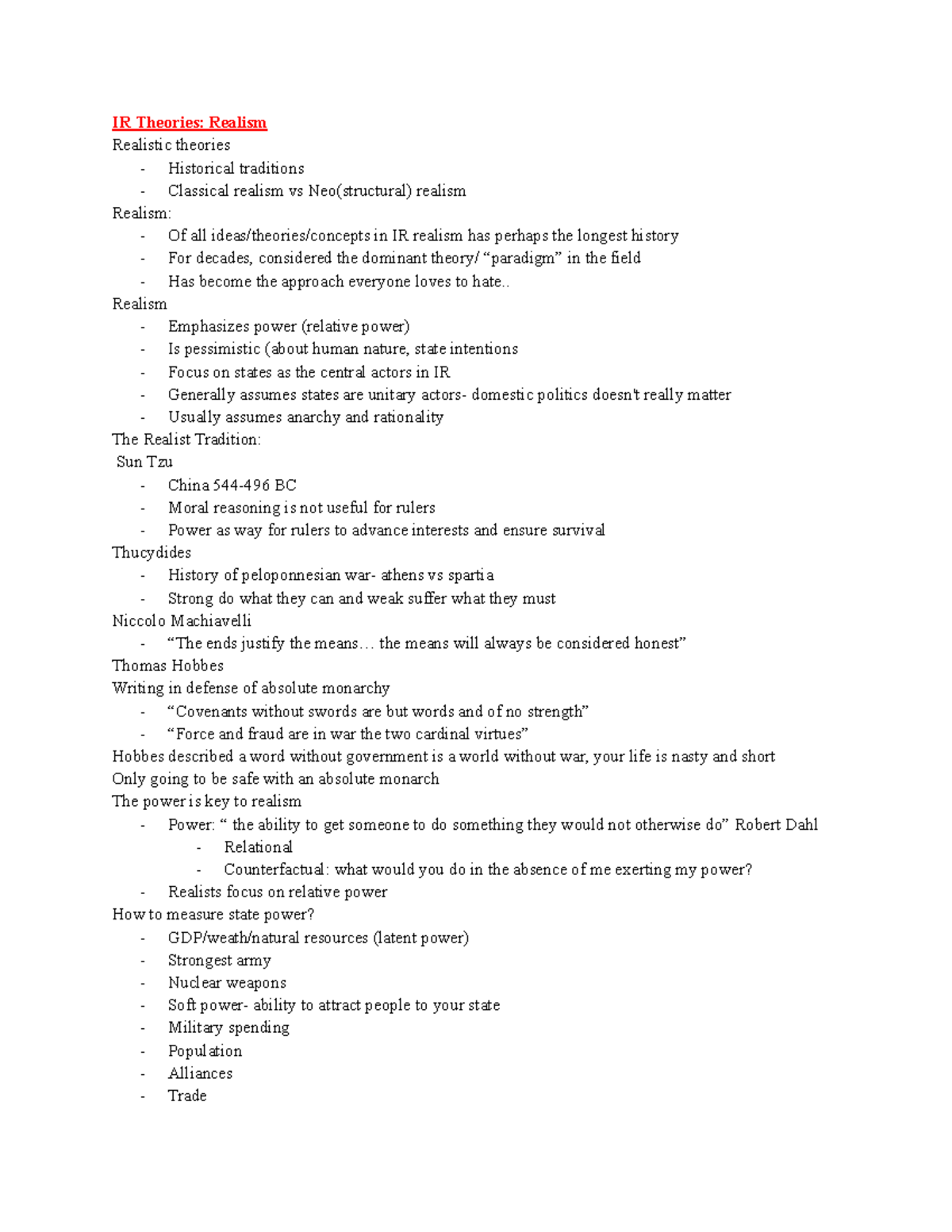 Poli Sci 140: Lecture Notes on Realism in IR Theories - Studocu
