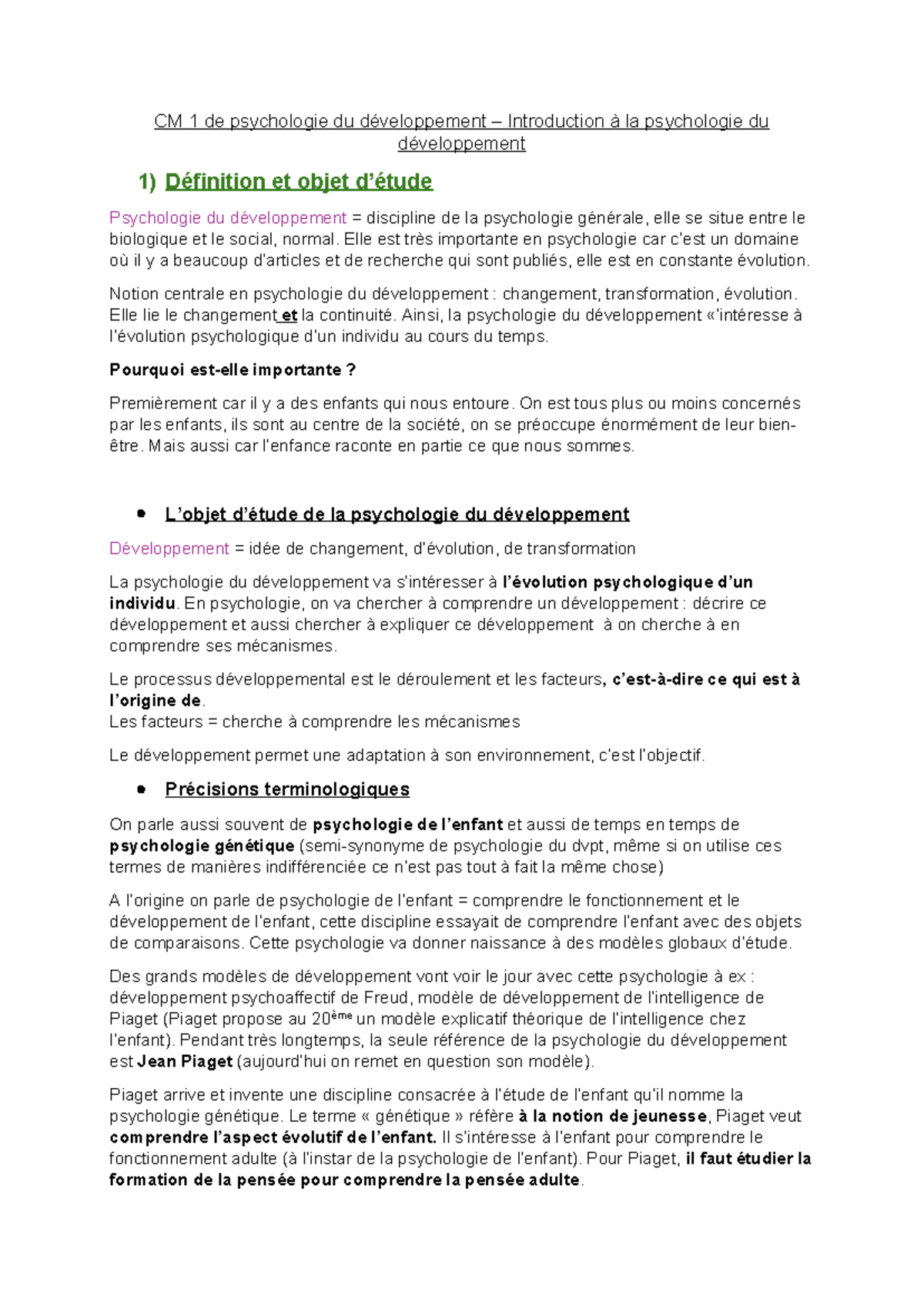 CM1 - Introduction à la psychologie du développement - CM 1 de ...