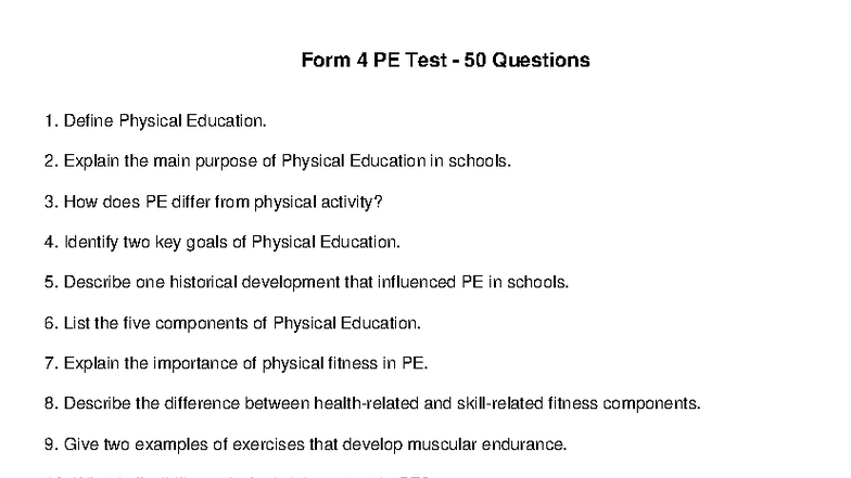 Form 4 PE Test: 50 Essential Questions on Physical Education - Studocu