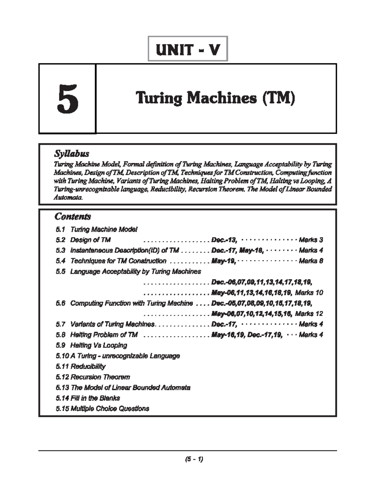Unit V: Turing Machines (TM) - Syllabus and Key Concepts - Studocu